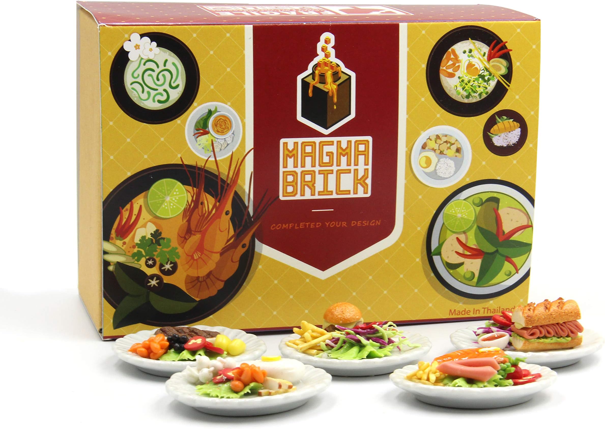 Magma Brick Lovely Mixed 5 Assorted Dollhouse Miniature Food,Tiny Food for Collectibles, Berger Breakfast and Beefsteak SalmonSteak