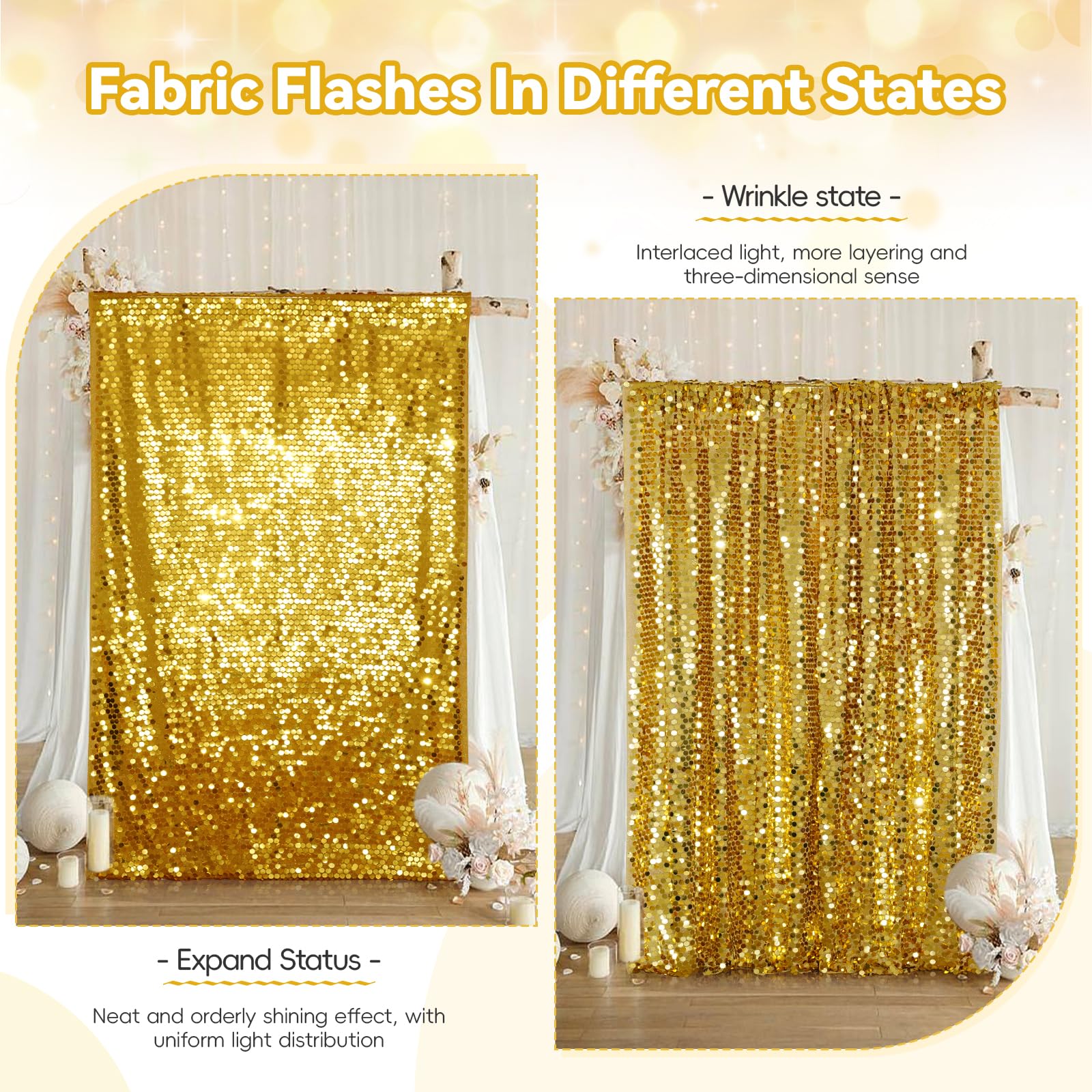 PartyDelight Telón de fondo de pared con lentejuelas doradas, paneles brillantes para fotografía, accesorios de fotografía de 4 x 7 pies, para decoración de cumpleaños, boda, fiesta