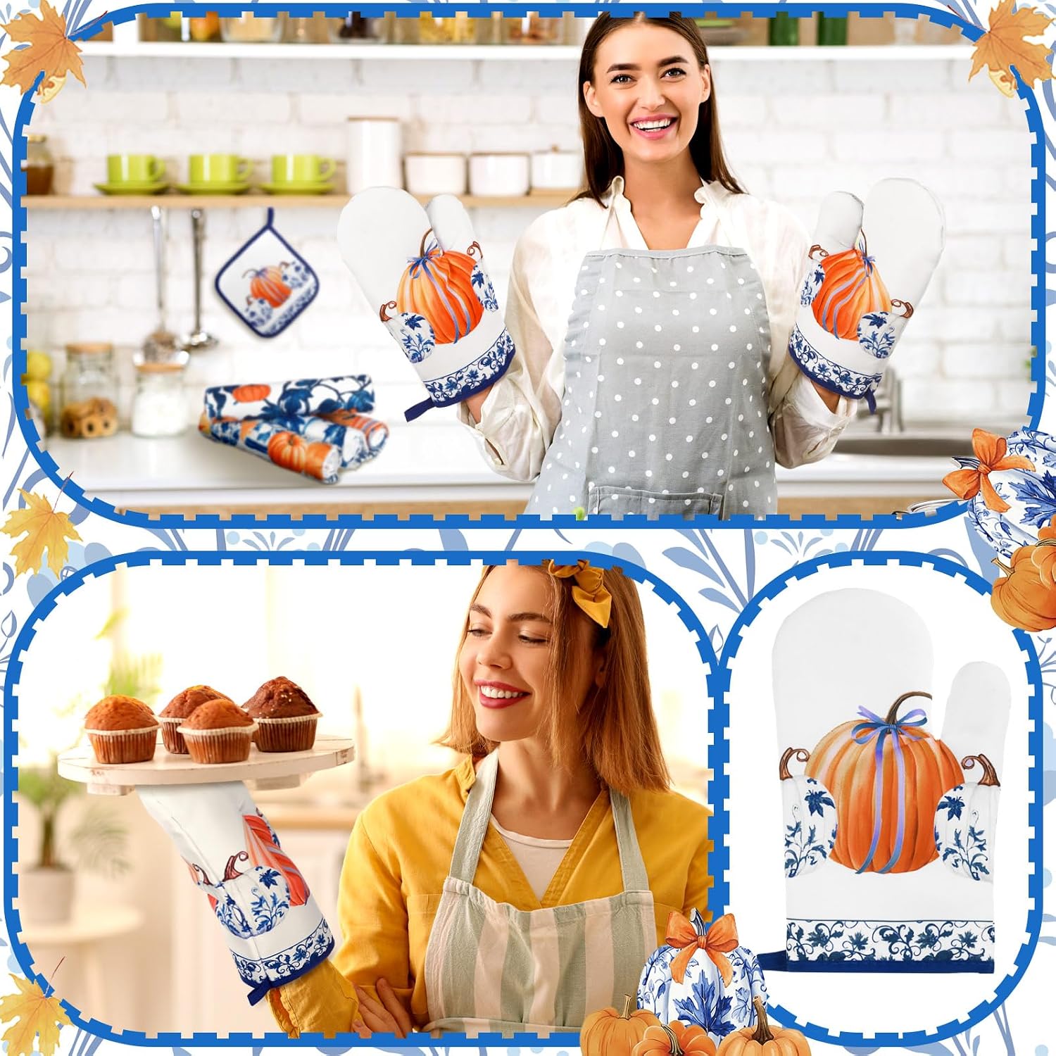 Fanfanwin 10 Pcs Fall Pumpkin Kitchen Decor Set Blue and White Porcelain Kitchen Rugs Towels Pot Holders Oven Mitts for Autumn Baking Cooking BBQ Home