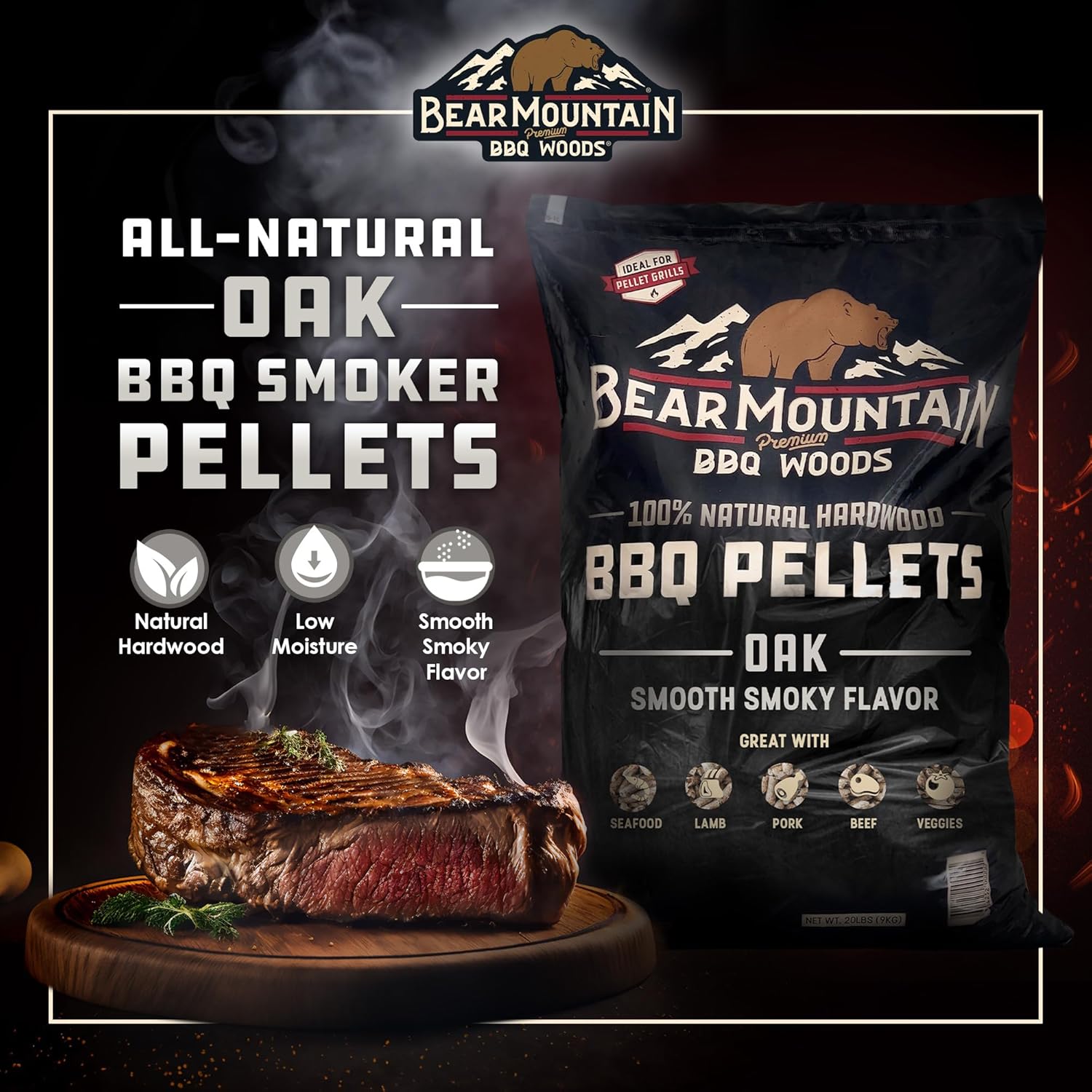 Bear Mountain BBQ Premium All Natural Hardwood Red and White Oak Wood Chip Pellets for Outdoor Gas, Charcoal, and Electric Grills, 20 Pounds (3 Pack)