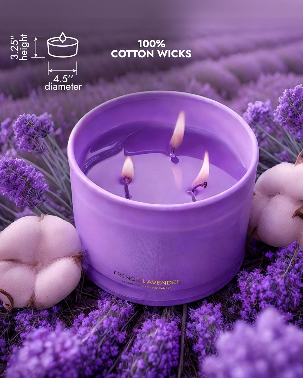 96NORTH Luxury Lavender Soy Candle | Large 3 Wick Jar Candle | Up to 50 Hours Burning Time | 100% Natural Soy Wax | Relaxing Aromatherapy Aesthetic Candle | Housewarming Gift for Women and Men - Image 5