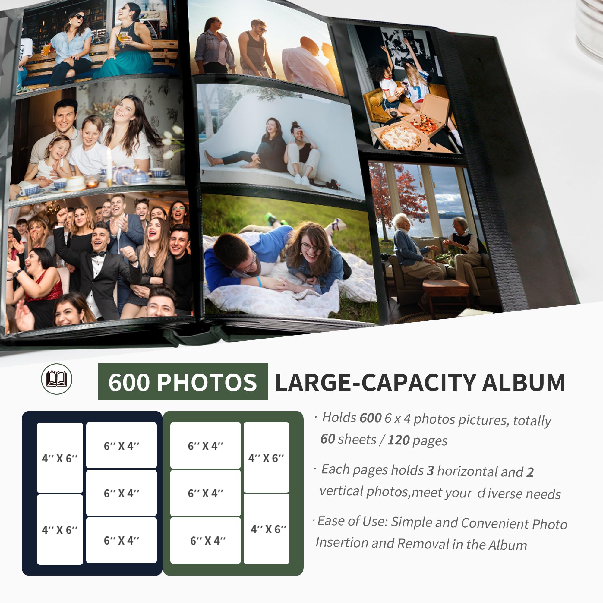 Rdylymx Photo Album 6 x 4 600 Pockets Photos, Dark Green Picture Album - Image 2