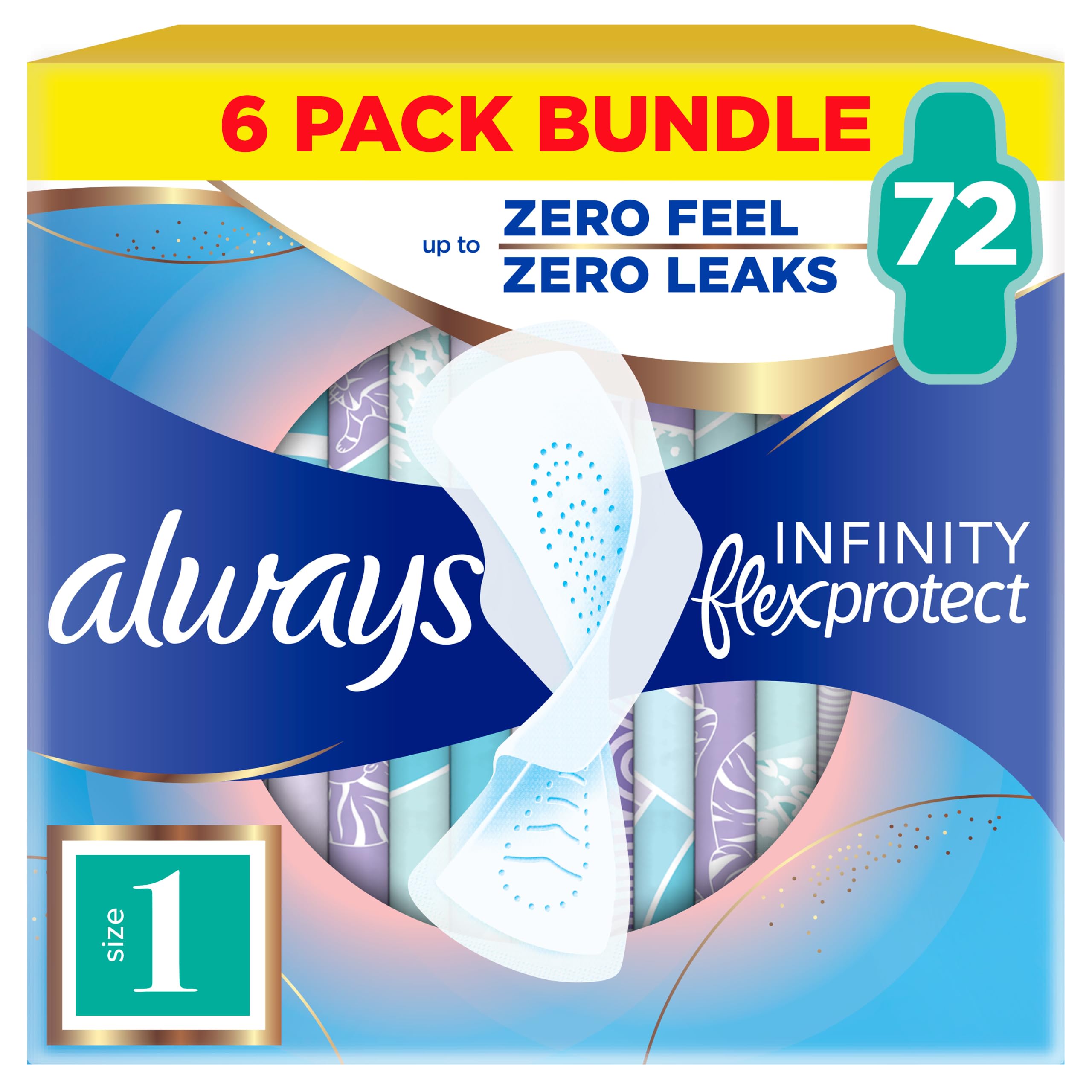 Always Infinity FlexProtect Sanitary Towels, Size 1 Normal, 6 Packs of 12 Count, Unscented, for up to Zero Feel & Zero Leaks, Super Absorbent & Flexible Protection