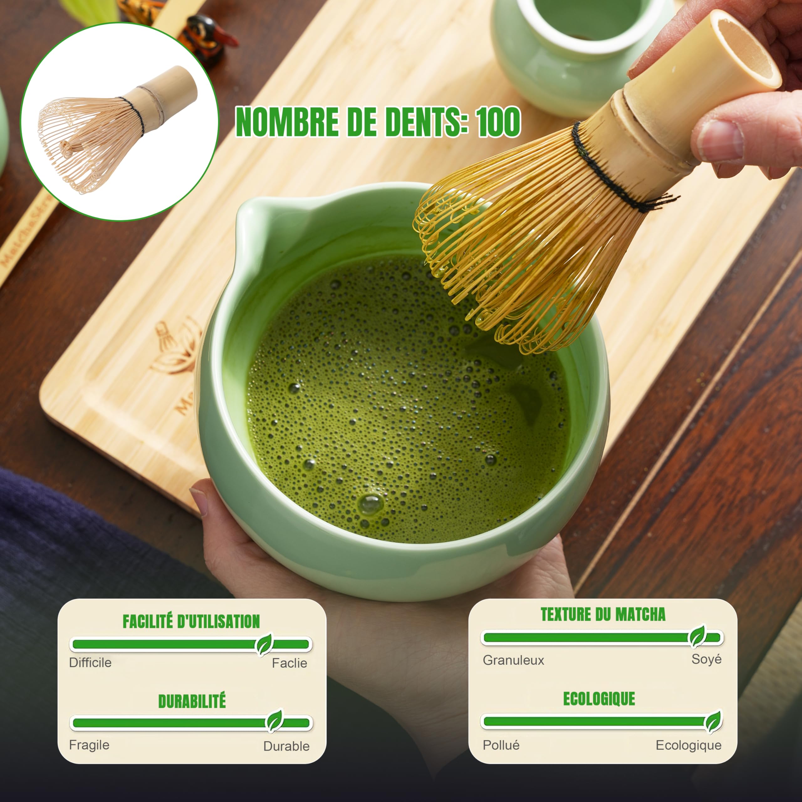 Kit Matcha, Ensemble complet de 10 pièces avec plateau, bol de Matcha japonais, fouet en bambou, support pour fouet, tamis, serviette à thé, récipient à thé, tasse de thé