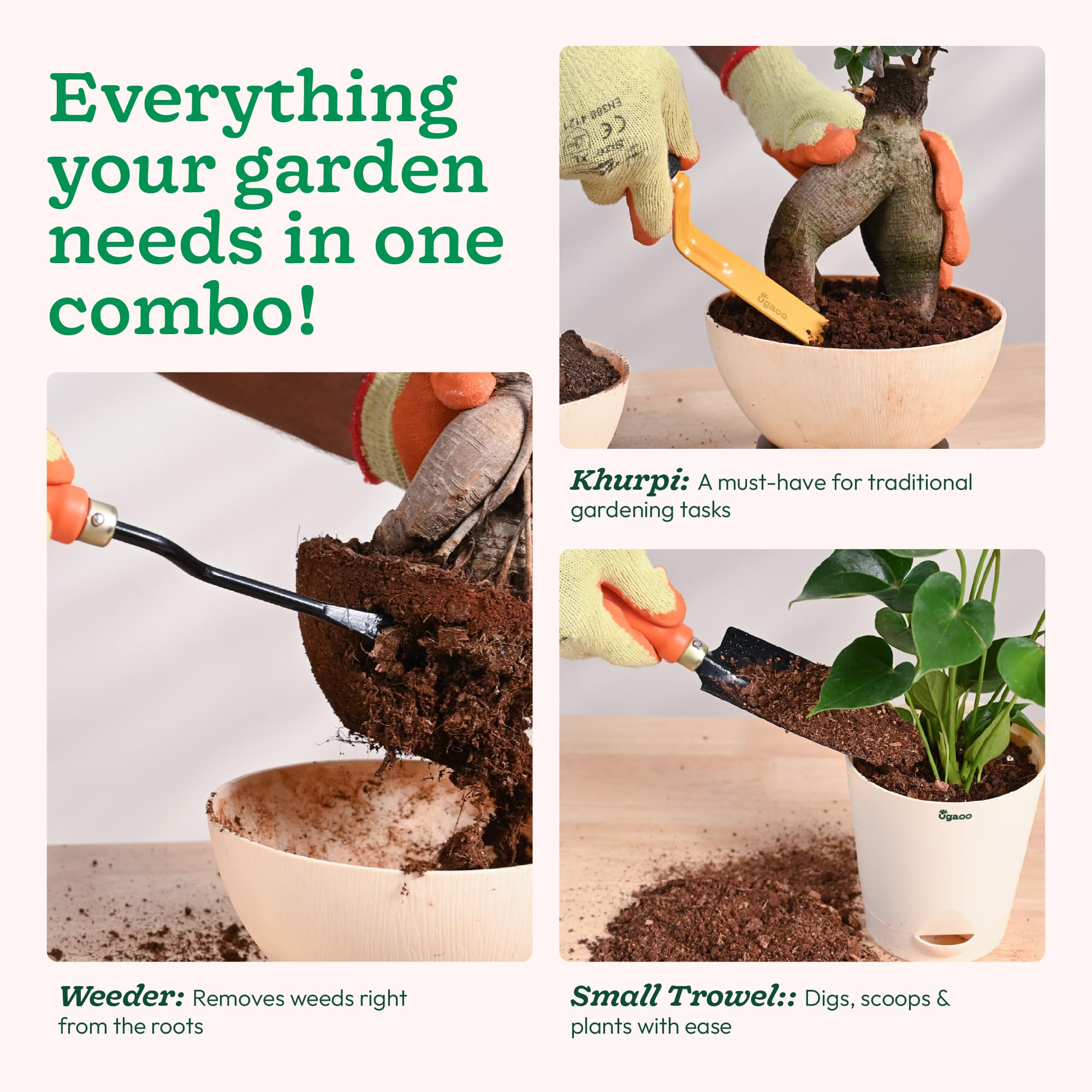 Ugaoo Garden Tool Set – 3 Pcs | Small Trowel, 2-Inch Khurpi & Weeder | Durable, Rust-Resistant Garden Tools with Ergonomic Wooden Handles | Perfect for Home, Balcony & Potted Gardening - Image 3 thumbnail