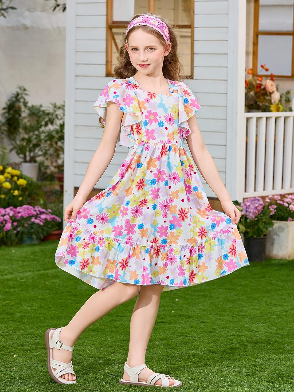 Haloumoning Girls Floral Summer Dress Kids Boho Ruffle Short Sleeve Square Neck Smocked Midi Dresses 5-14 Years - Image 4