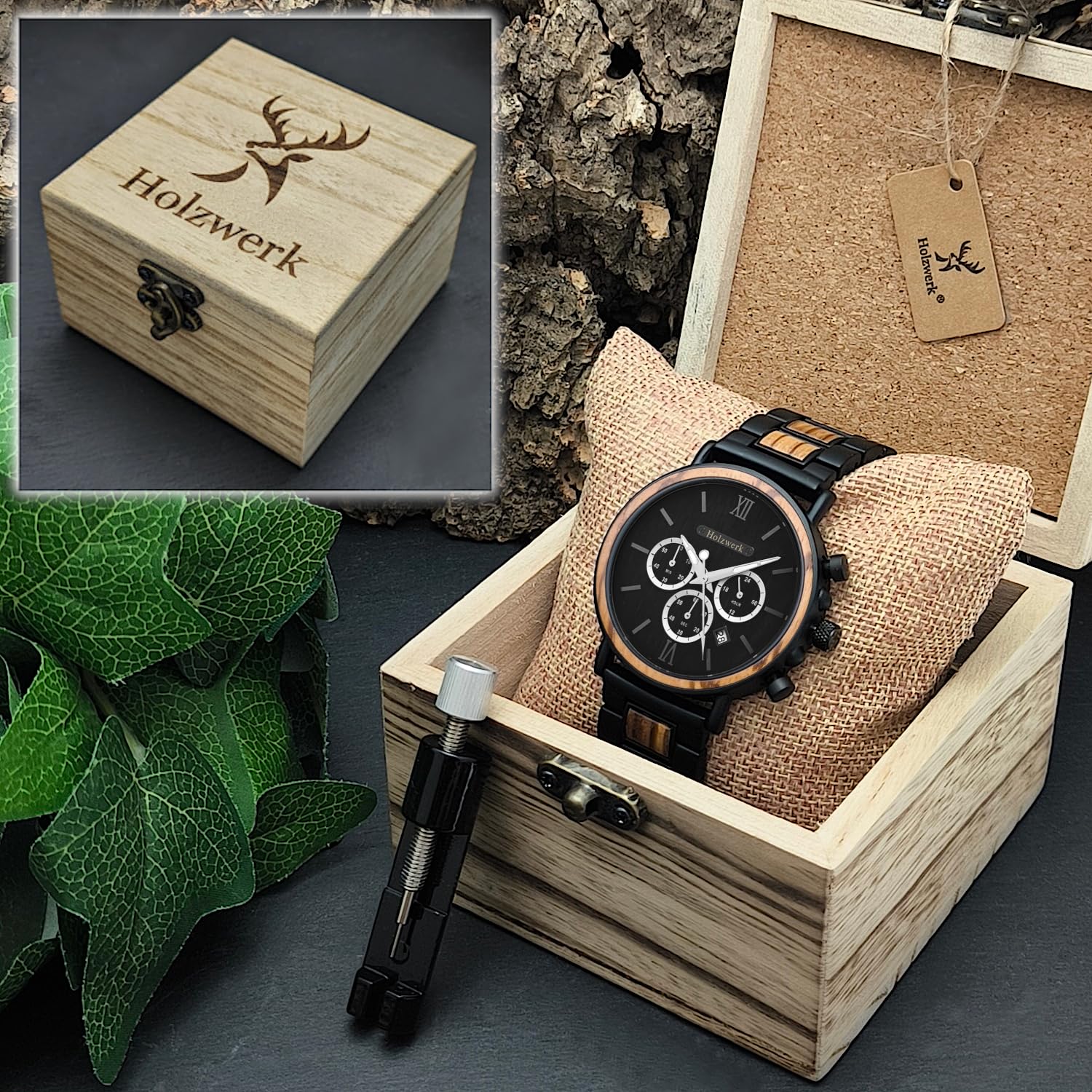 Holzwerk Germany Handgefertigte Designer Herren Uhr Öko Natur Holz Uhr Chronograph Armband Analog Holzuhr Quarz Braun Schwarz Grau Römische Ziffern Datum Holz