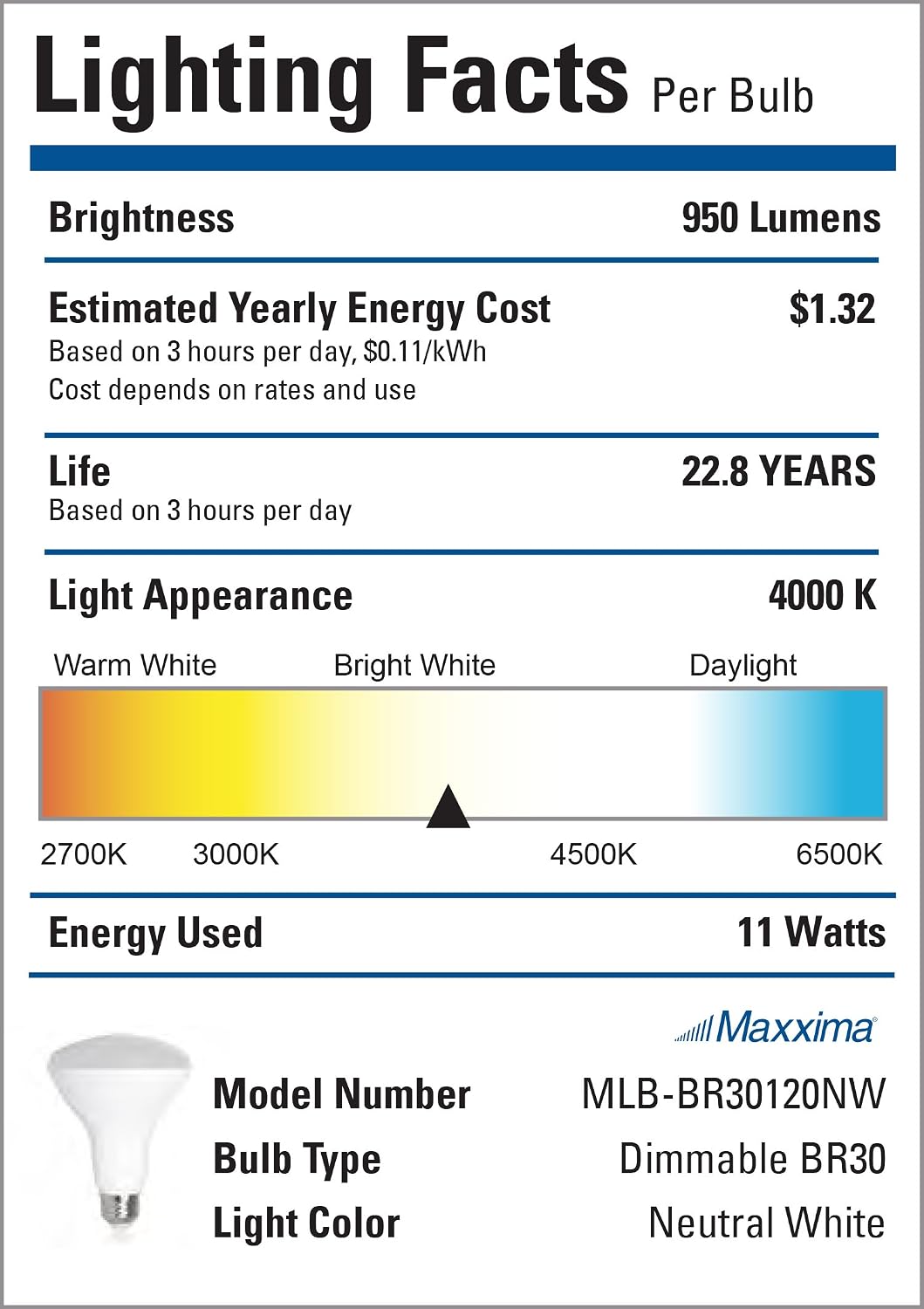 Maxxima LED 75 Watt Equivalent BR30 Indoor Recessed Can Light Bulb - Flicker-Free Dimmable, 11 Watt 4000k Floodlight Neutral White Bulb, 950 Lumens, Energy Star - 4 Pack