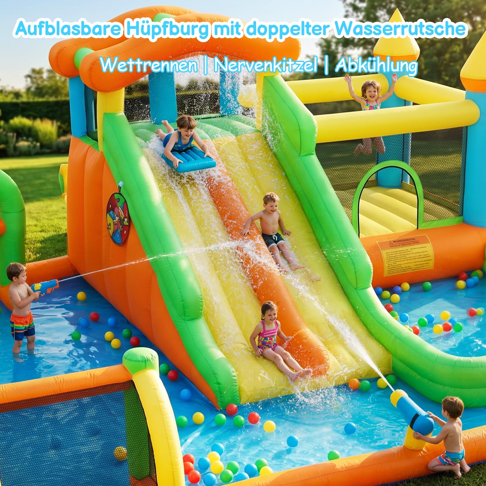 FOOING Gran tobogán acuático inflable con 2 toboganes y piscina infantil para niños, castillo hinchable con dos pistas para fiestas en el jardín y en el patio, diversión de verano al aire libre