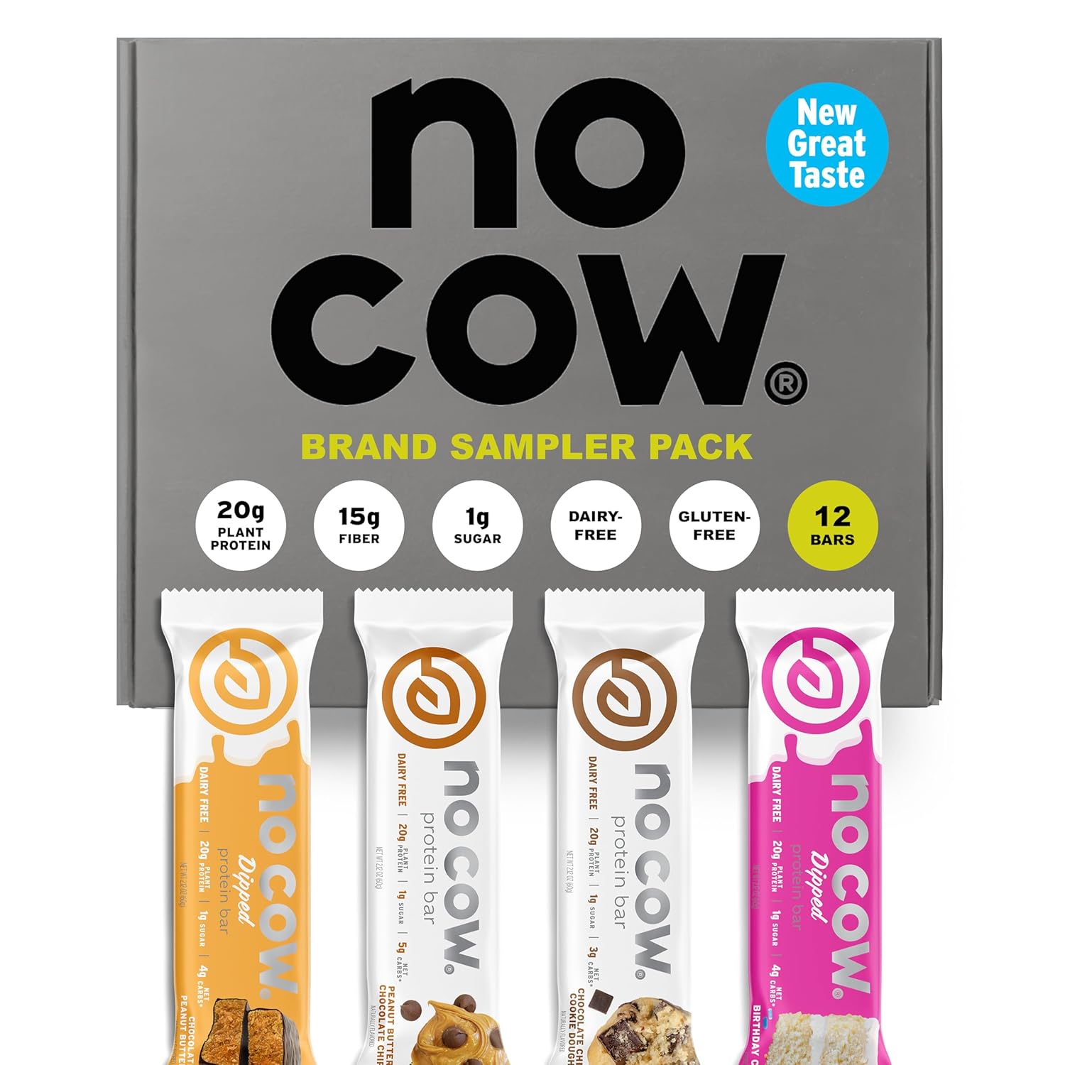 No Cow High Protein Bars, Dipped Variety Pack - Healthy Snack, 20g Vegan Protein, High Fiber, Low Sugar, Keto Friendly, Dairy & Gluten Free (12 Count)