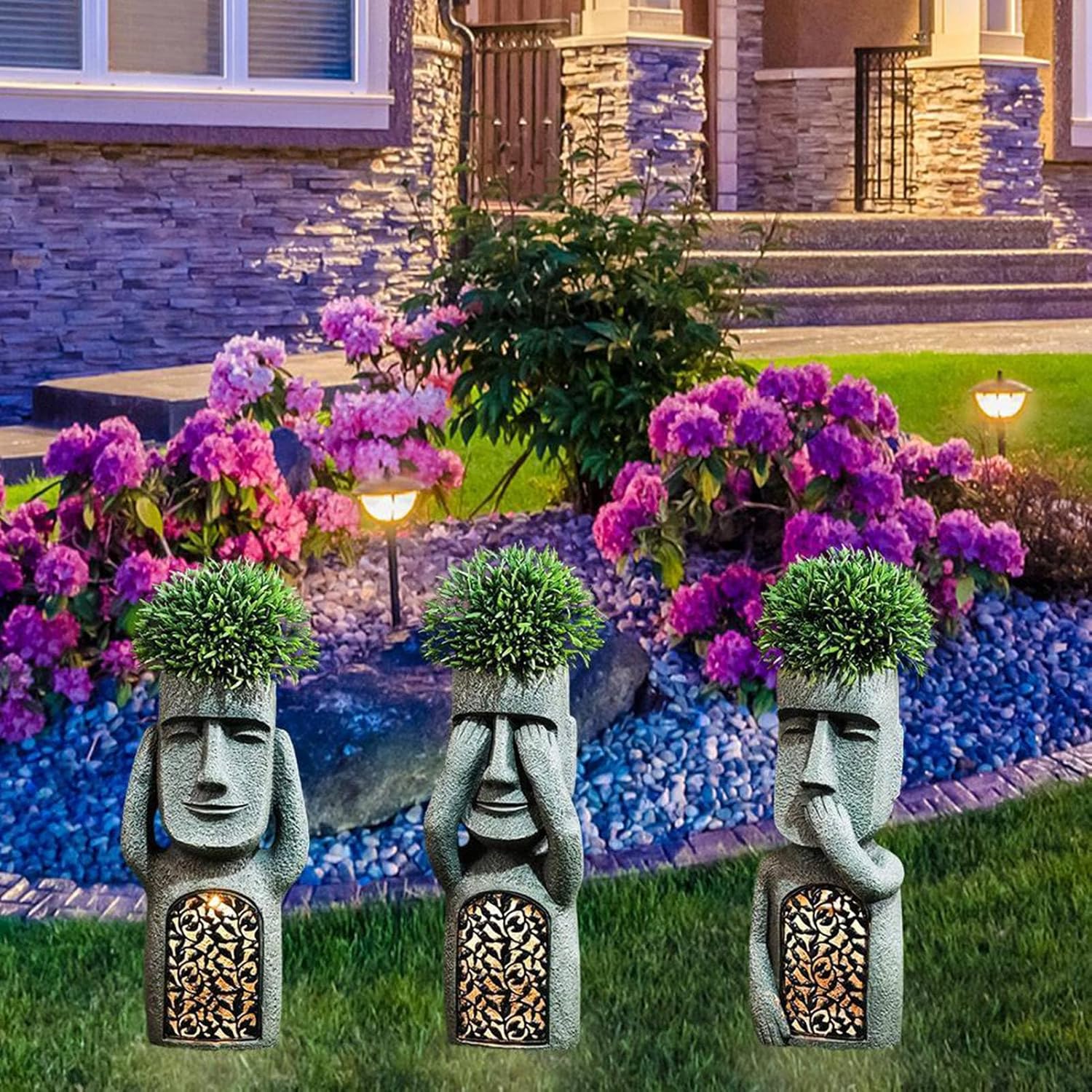 Easter Island Garden Solar Lights Outdoor Statue,Outdoor Sculpture with Solar Light Yard Decor, Easter Island Head Sculpture,Statue Planter, Small Flower Pots for Courtyard Gardens Terrace(Gray)