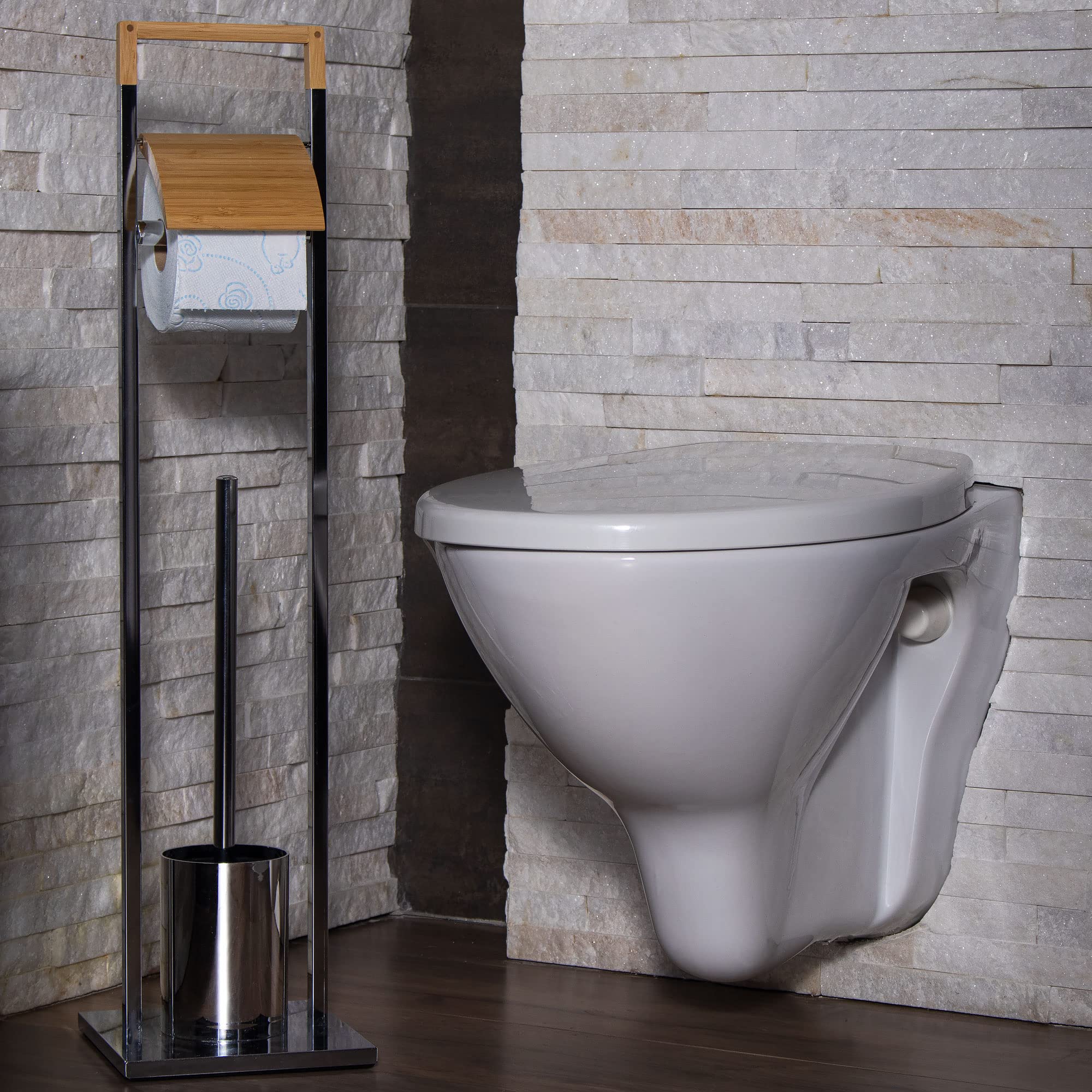 SPRINGOS Supporto per scopino WC con porta carta igienica integrato, in bambù, in metallo, 75,5 cm