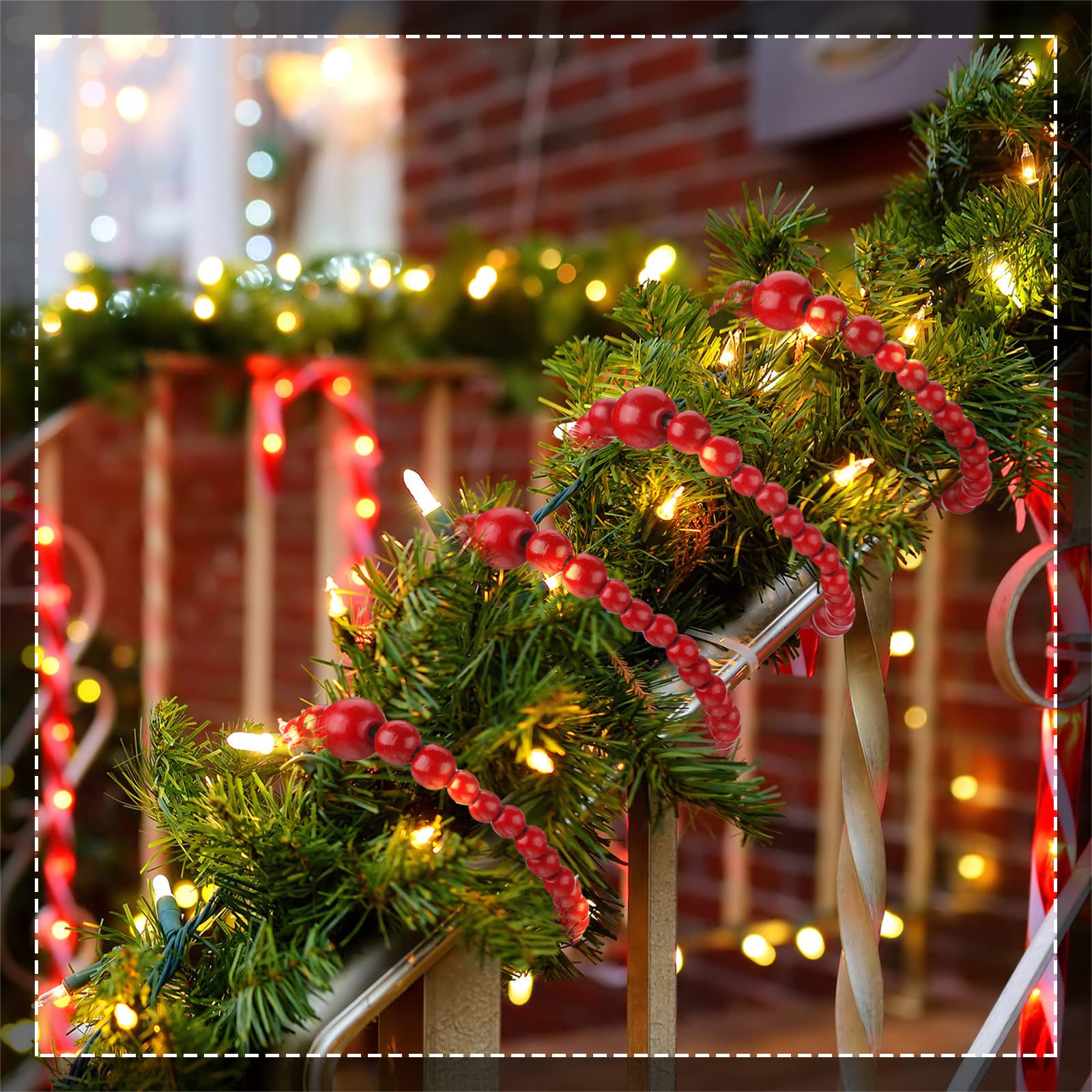 Yinder 4 Stück 122 m Weihnachtsgirlande aus Holzperlen, Dekoration, 3.6 m, Bauernhaus-Perlen, Wandbehang, rustikale Holzperlen, Girlande, Boho, Weihnachtsbaum, Kamin, Zuhause (dunkelrot)