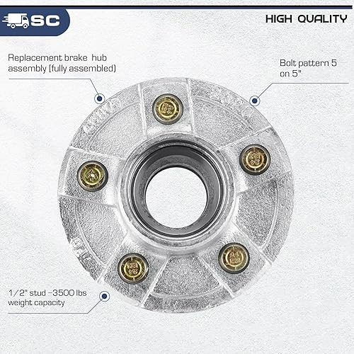 Miniatura 5 de SEHNSUCHT Kit de cubo loco de freno de remolque, 5 agujeros, cubo de freno circular de 5 pulgadas para ejes de 3500 libras, conjunto de tambor de