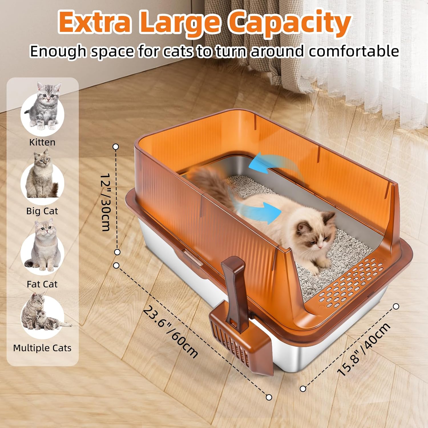 Semi-Enclosed Stainless Steel Cat Litter Box, Extra Large Litter Box for Big Cats, High Sided Metal Litter Pan with Scoop, Odors Control, Anti-Urine Leakage, Easy Cleaning