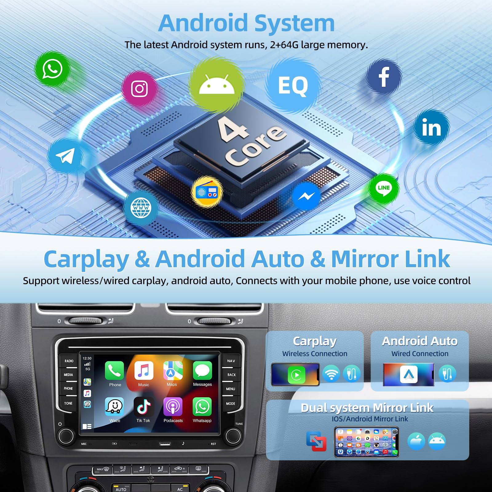 Autoradio 2+64G per VW Seat Passat Golf 5 6 Polo Skoda con Carplay Android Auto,Radio Stereo Android 15 da 7'' con GPS/WiFi/Bluetooth/EQ/FM/RDS/Type-C,Telecamera di Retromarcia AHD e Microfono
