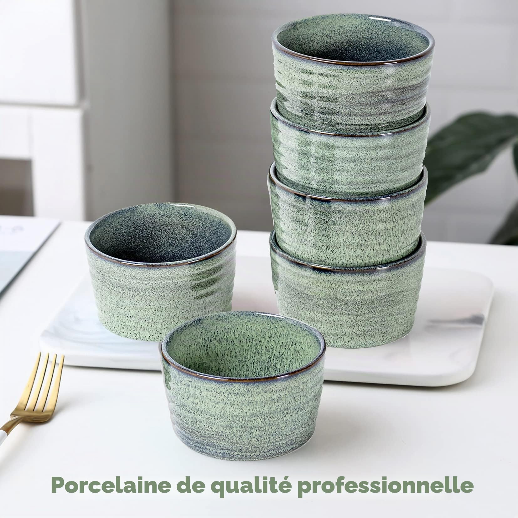 Moules à Pâtisserie, Ramequin Bol à Sauce Tapas Porcelaine Gris, Crème Brulée Muffin Bols de 4 X 240ml, Coupelle à Dessert Parfait pour Soufflé Crème Brulée Muffin, Four Micro-onde Convient - Vert