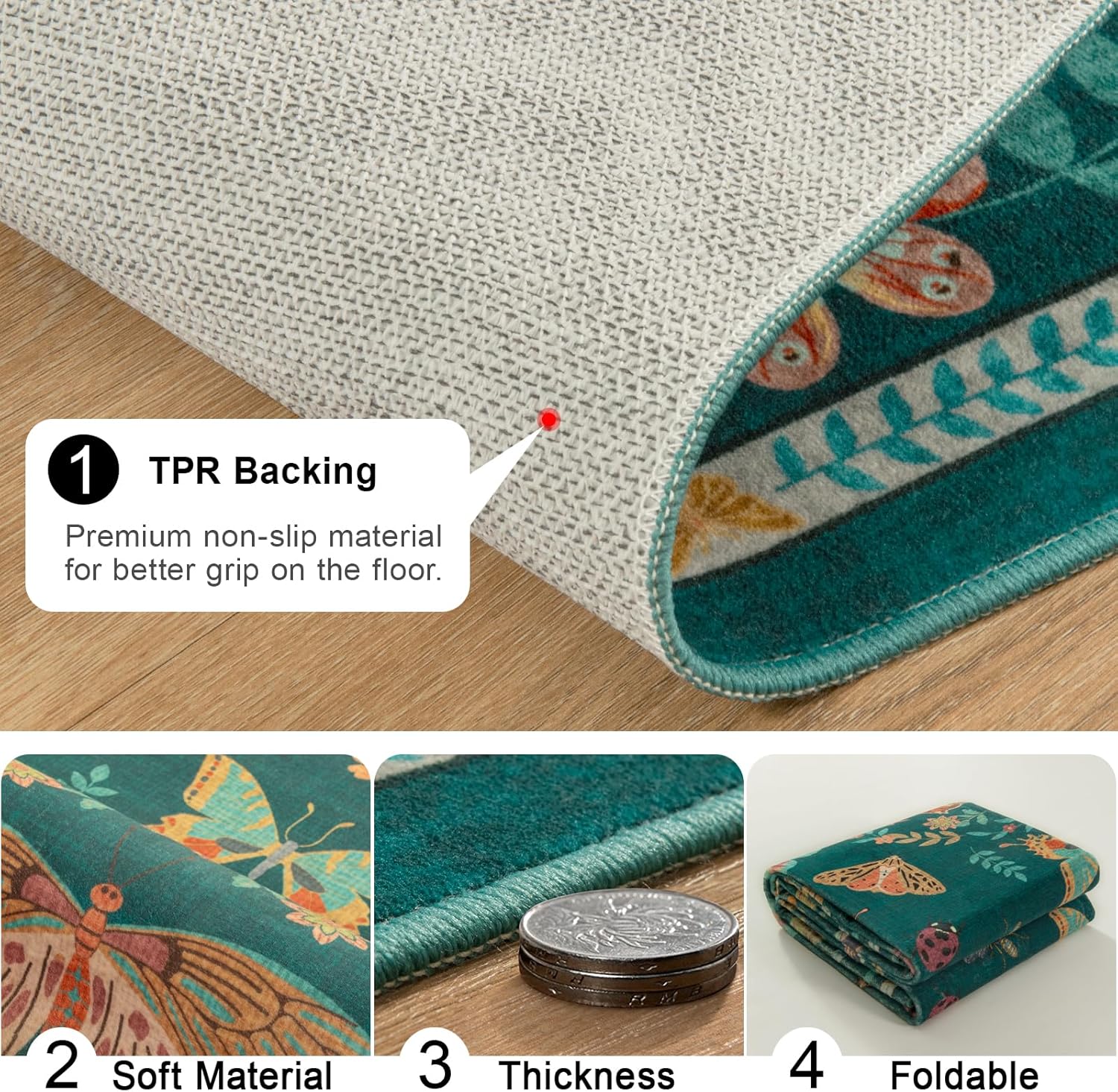 Unirea 3x5 Dark Blue Bedroom Entryway Kitchen Area Rug, Washable Non Slip Boho Insect Rug for Living Room, Bathroom, Home Office, Kids Room, Laundry Room, Soft Low Pile Insect Bug Rugs, Thin Carpet