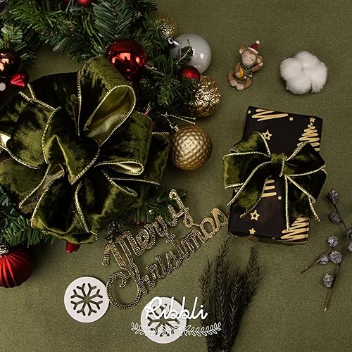 Vista 28 de Ribbli - Cinta de terciopelo dorado verde oscuro metálico con alambre de 2.5 pulgadas, cinta navideña de terciopelo arrugado para envoltura, decorar