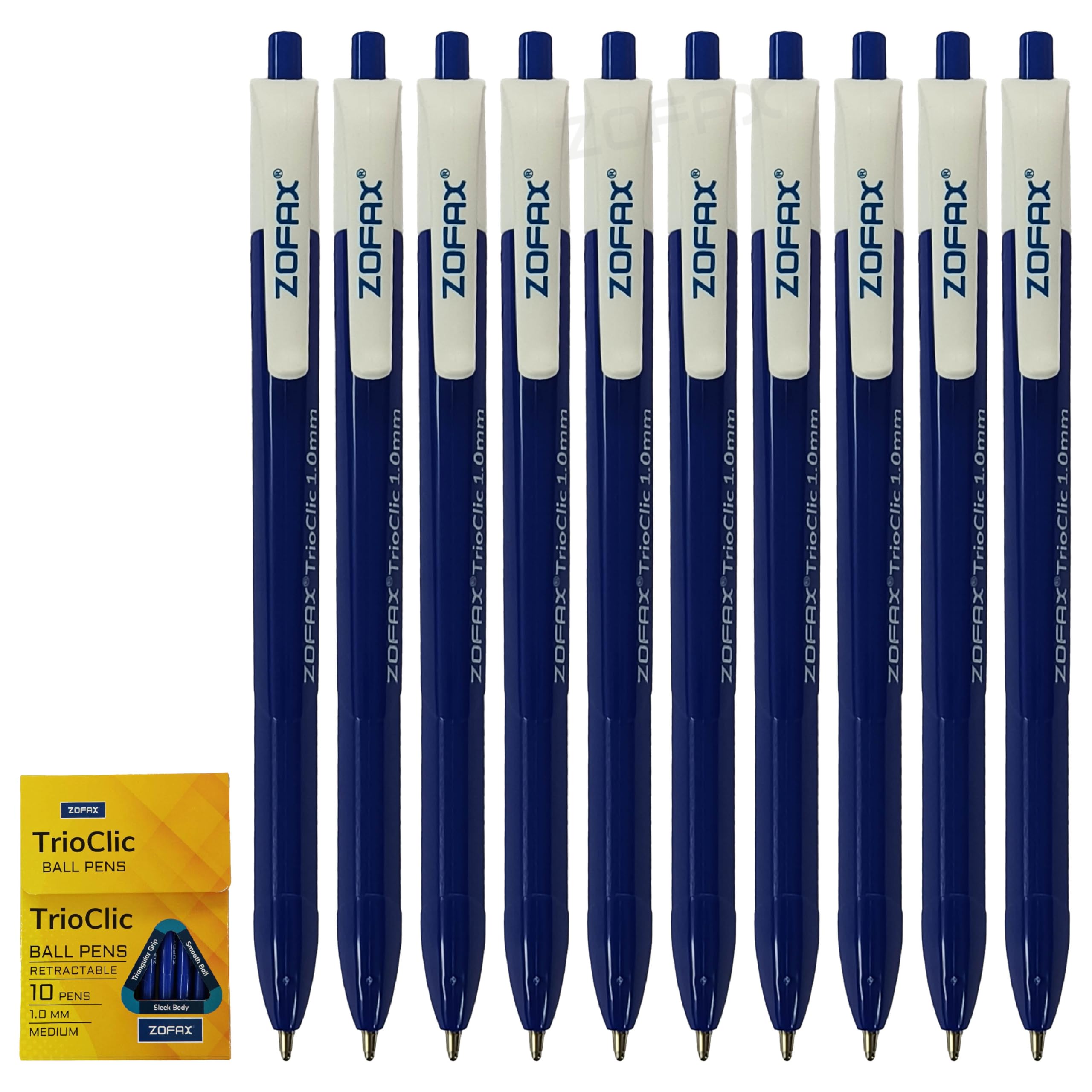 ZOFAX TrioClic Retractable Ballpoint Pens, BLUE, Medium Point (1.0mm), Pack of 50, Smooth Writing, Triangular Grip, Bulk Pack, Perfect for School Office Home Business Hospital Everyday Use