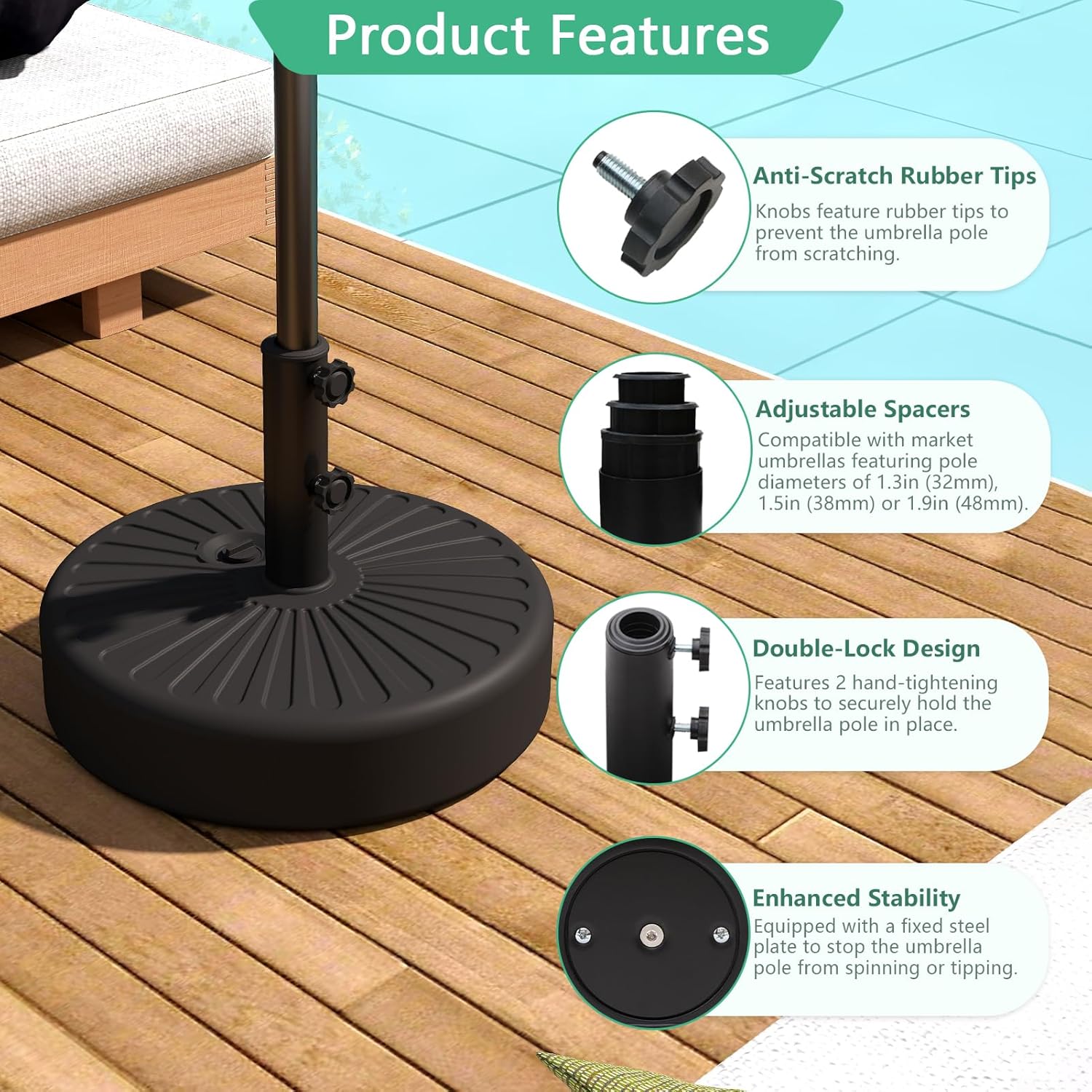 Helios&Hestia 78 lb Heavy Duty Round Umbrella Base, Plastic Water and Sand Fillable Outdoor Stand Weight for Patio Market Table Umbrella, Black