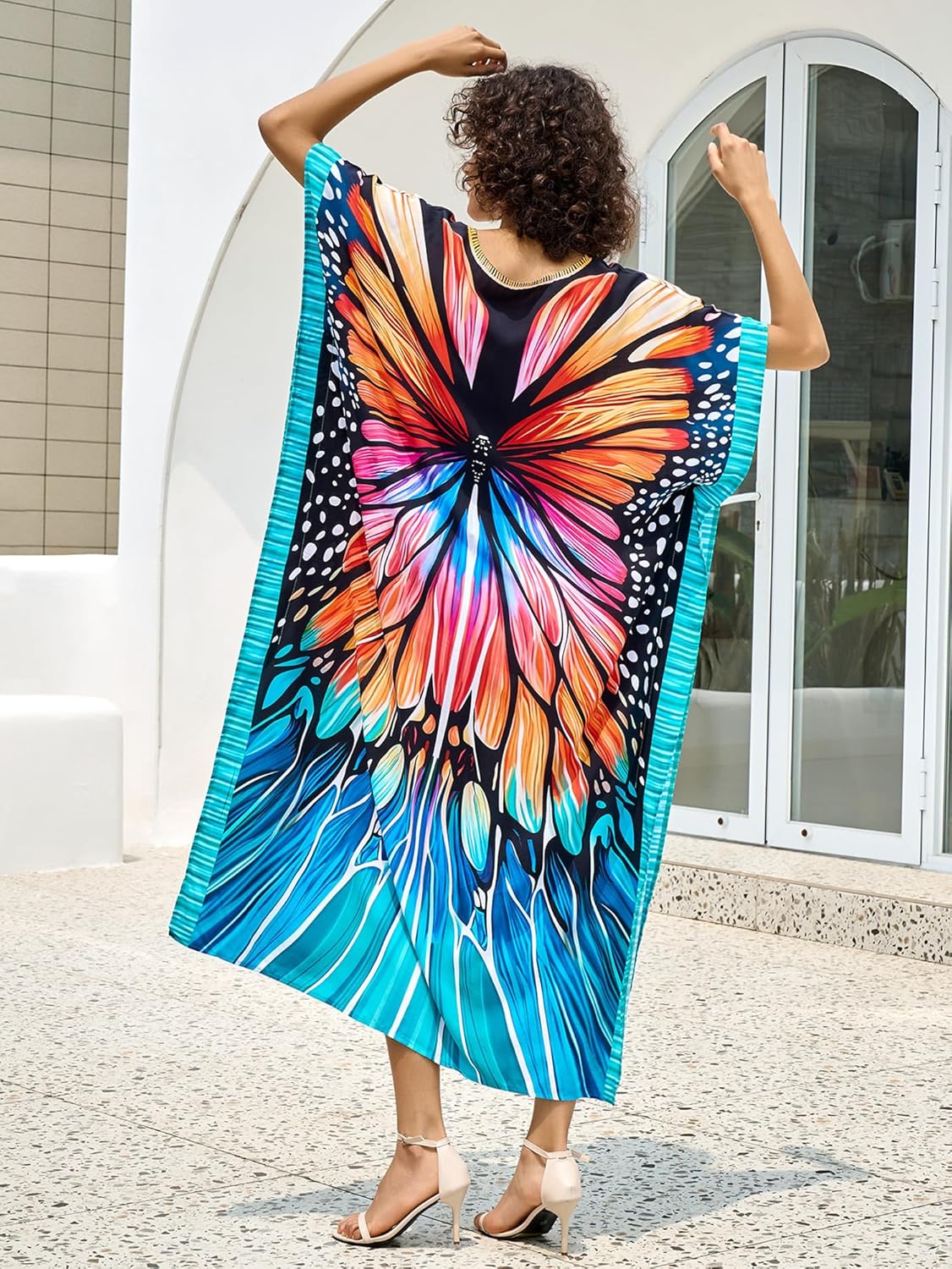 Chunoy Women Butterfly Pattern V Neck Kaftan Casual Bathing Suit Kimono Sleeve Side Split Beach Cover Up Caftan Dress - Image 5
