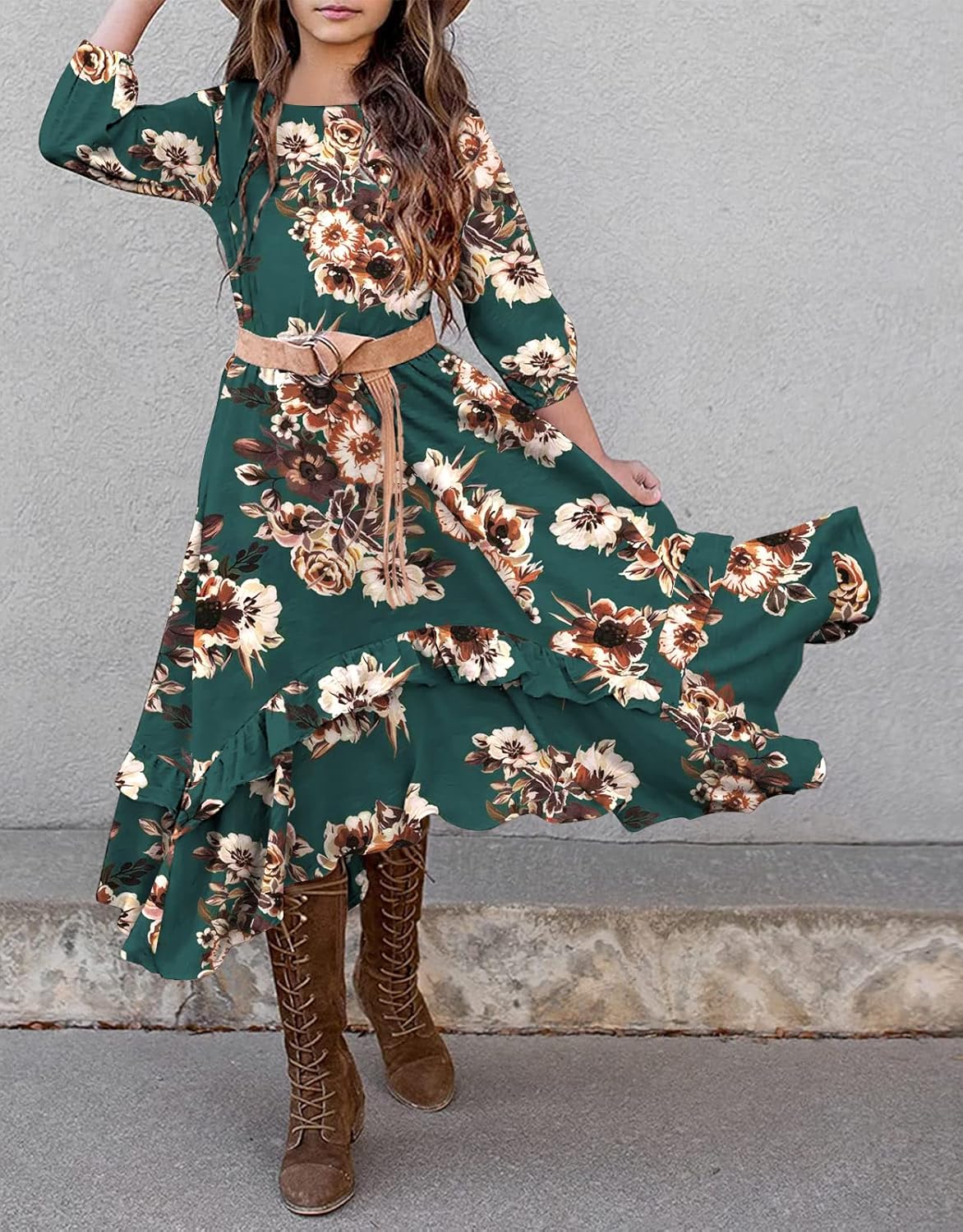 KYMIDY Girls Floral Maxi Dress Kids 3/4 Sleeve Boho Casual Pocket Ruffle Swing Dresses with Belt for Girls 6-12 Years - Image 4