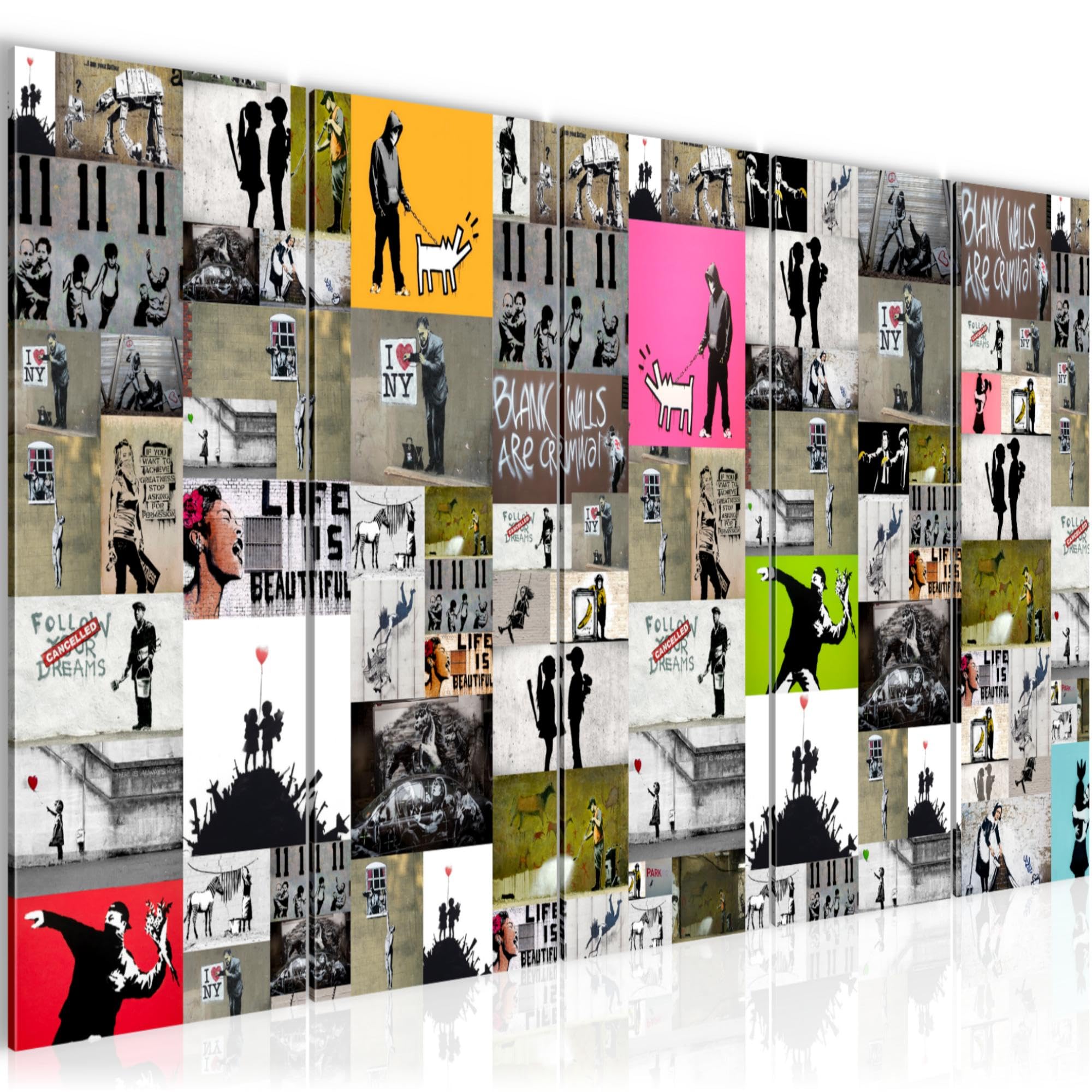 Runa Art Wandbild XXL Collage Banksy Loft Wohnzimmer 200 x 80 cm Bunt 5 Teilig - Made in Germany - 302755a