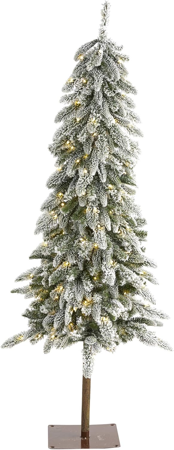 Nearly Natural 5.5ft. Flocked Washington Alpine Christmas Artificial Tree with 150 White Warm LED Lights and 377 Bendable Branches