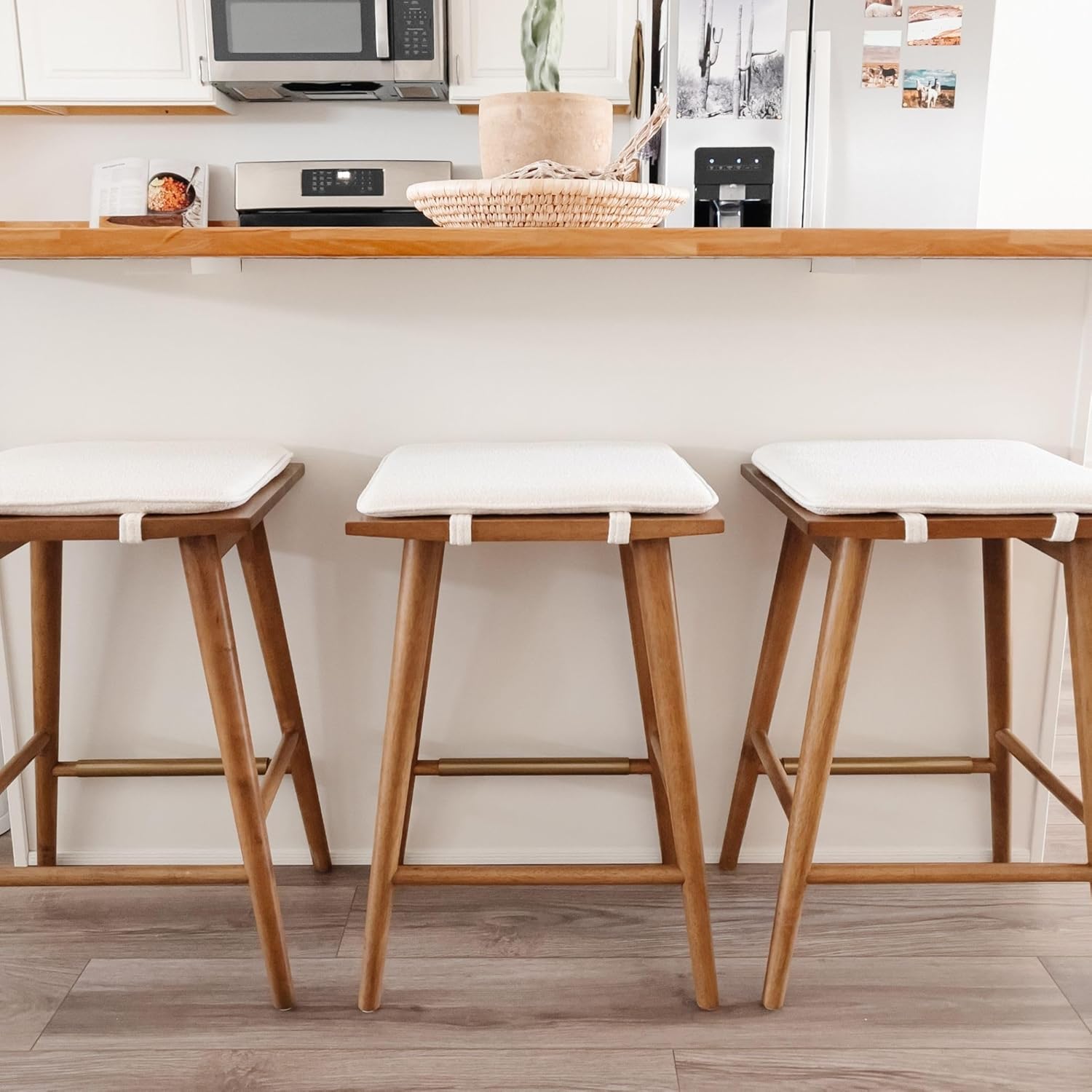 Nathan James Barker Counter Height Solid Wood Barstool with Upholstered Cushion, Backless Island Stool with Rubberwood Legs and Natural Textured Linen Upholstery for Kitchen, Brown/White, Set of 2