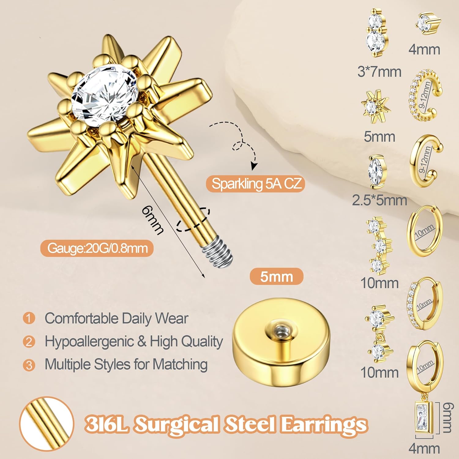 MILACOLATO 20G Hypoallergenic Flat Back Earrings for Women 316L Surgical Steel Flatback Stud Earrings Trendy Small Huggie Hoops Ear Cuffs Cartilage Earring Stacks Earring Sets for Multiple Piercing - Image 4