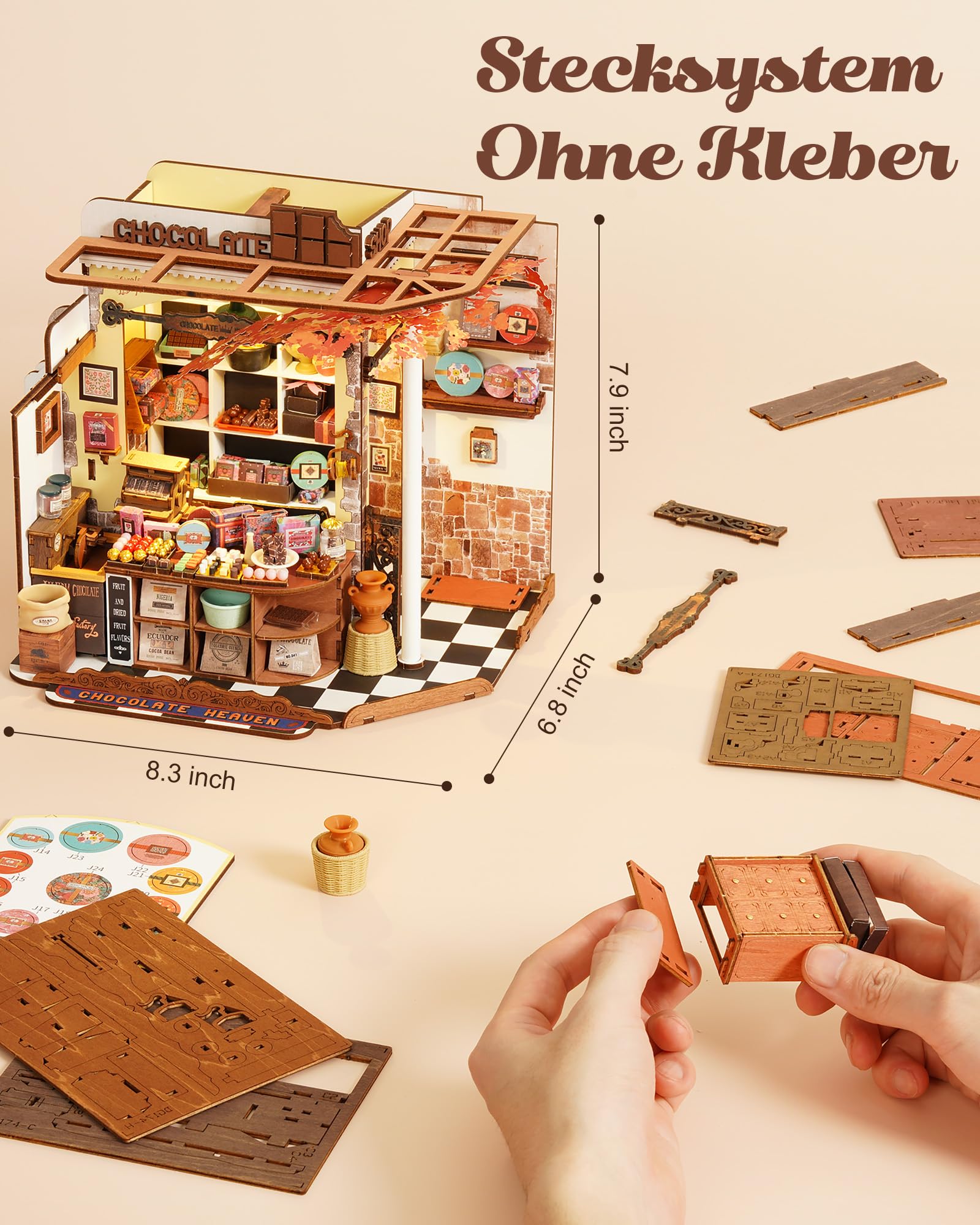 Rolife Miniatur Haus Henrys Schokoladenladen, 330-teiliges Mini Haus Selber Bauen Bastelset Erwachsene für Jugendliche Kein Kleber erforderlich, Puppenhaus Tiny House Bausatz 3D Puzzle Book Nook