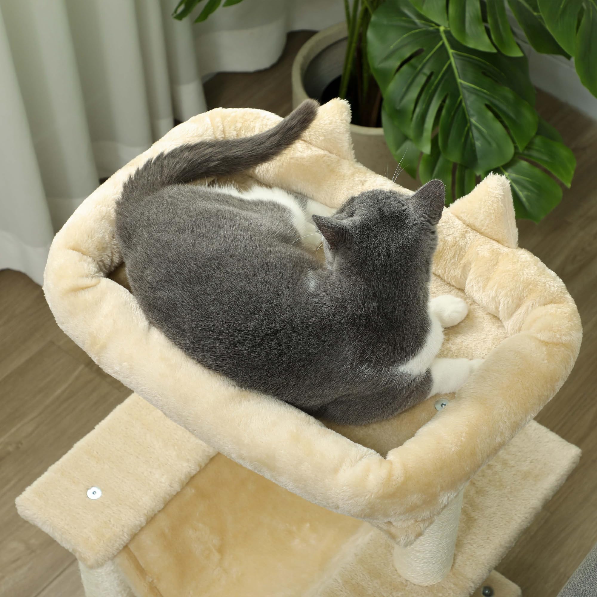 PawHut Drapak 90 cm z hamakiem dla kotów poniżej 4 kg kremowo-biały | Wieża dla kota, jaskinia, 2 pluszowe bale, pnie sizalowe, platformy, wielopoziomowy drapak dla kota, drzewko wspinaczkowe
