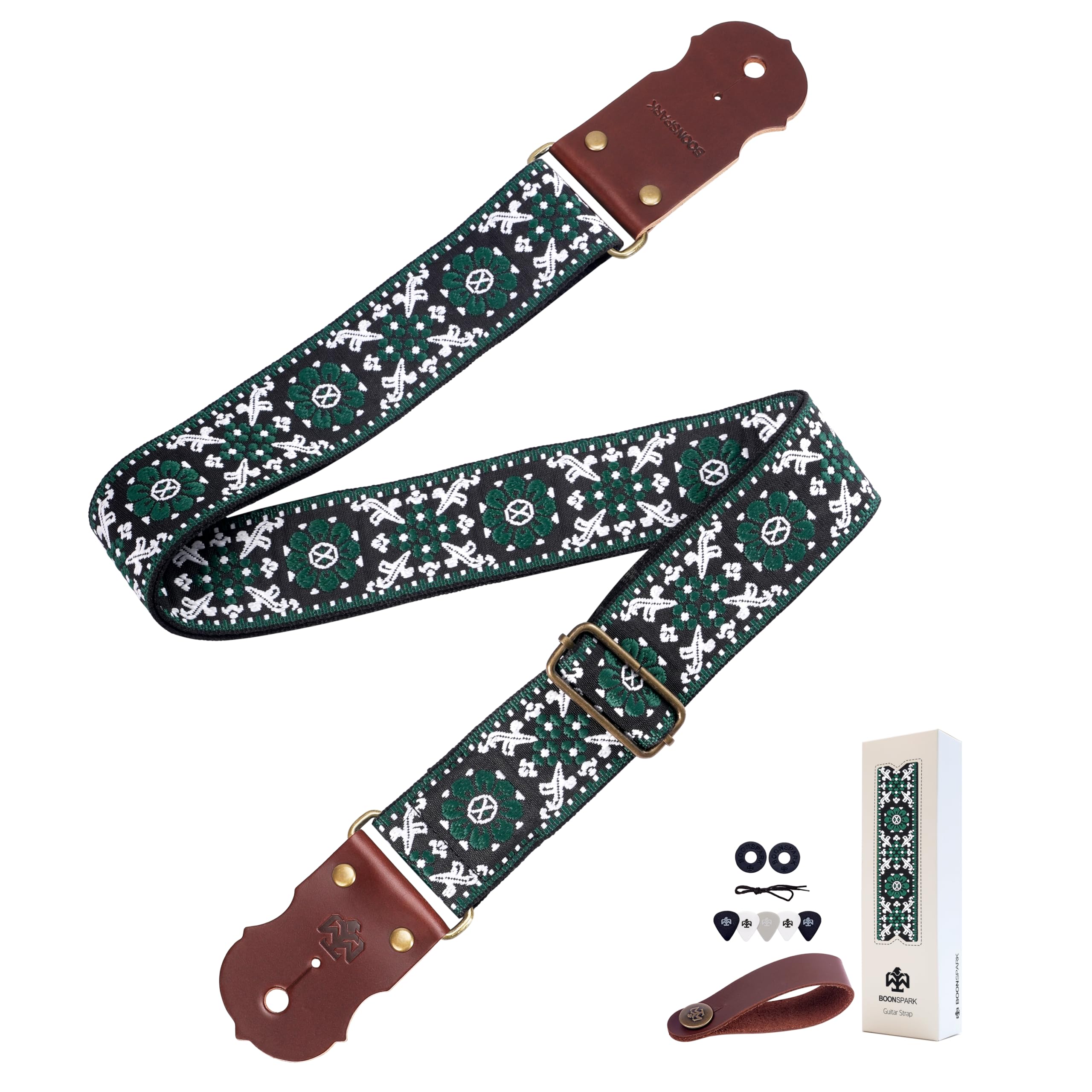 Guitar Strap - 2" Wide Thick Real Cowhide Ends,Safety &amp; Durable Guitar Straps with Soft Embroidery Adjustable Strap,Embroidered Green Floral