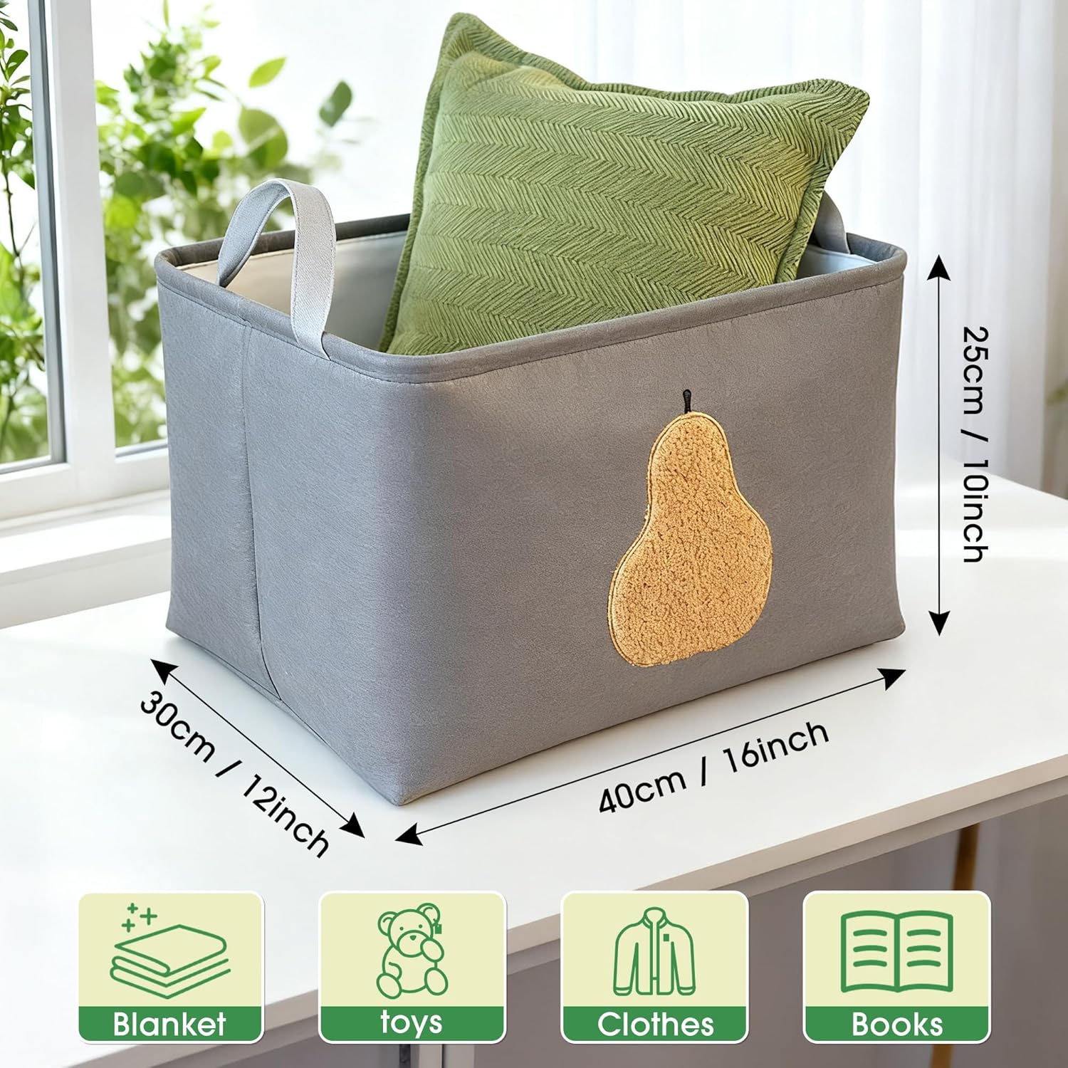 Farmhouse Style Storage Basket with Handles, Collapsible Felt Dog Toy Basket, Decorative Storage organizer 16 * 12 * 10 Inches