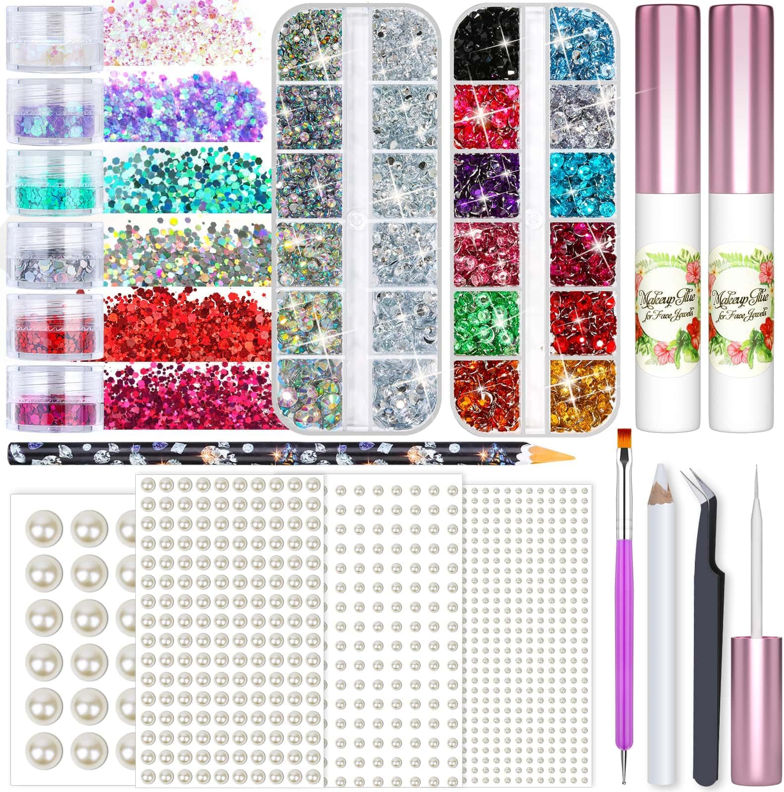 shynek6000 Face Gems Eyes Rhinestones Hair Pearl Stickers with 2PCS Face Glues for SFX Makeup, Stick on Body Crystal Makeup Jewels with Spirit Gum Adhesive for Halloween Costume Cosplay
