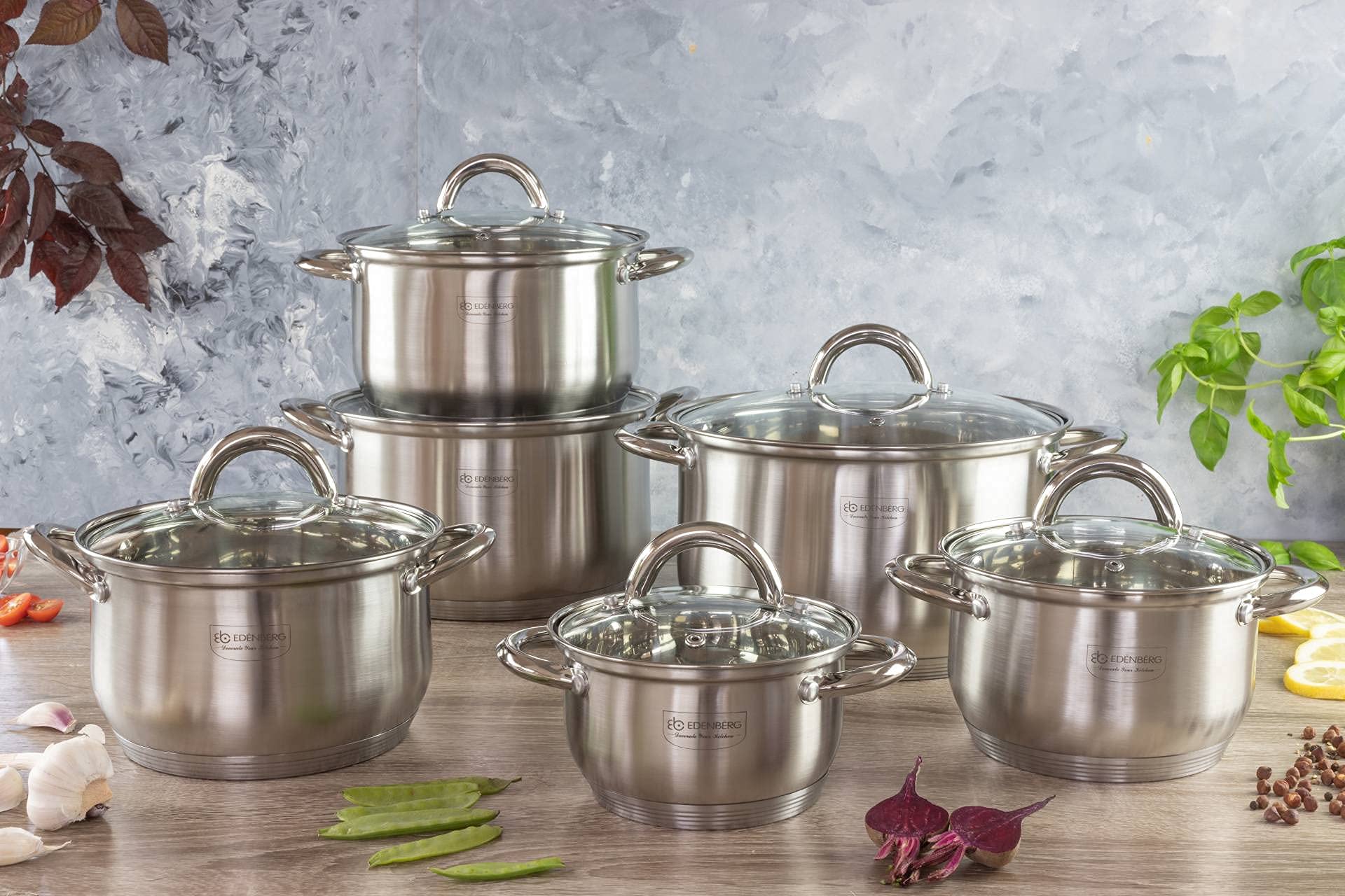 Edenberg Lot de 12 casseroles eb-4000 en acier inoxydable chromé et acier inoxydable INOX18/10. Idéales pour cuisinières à gaz, électriques, halogènes, céramiques et induction.