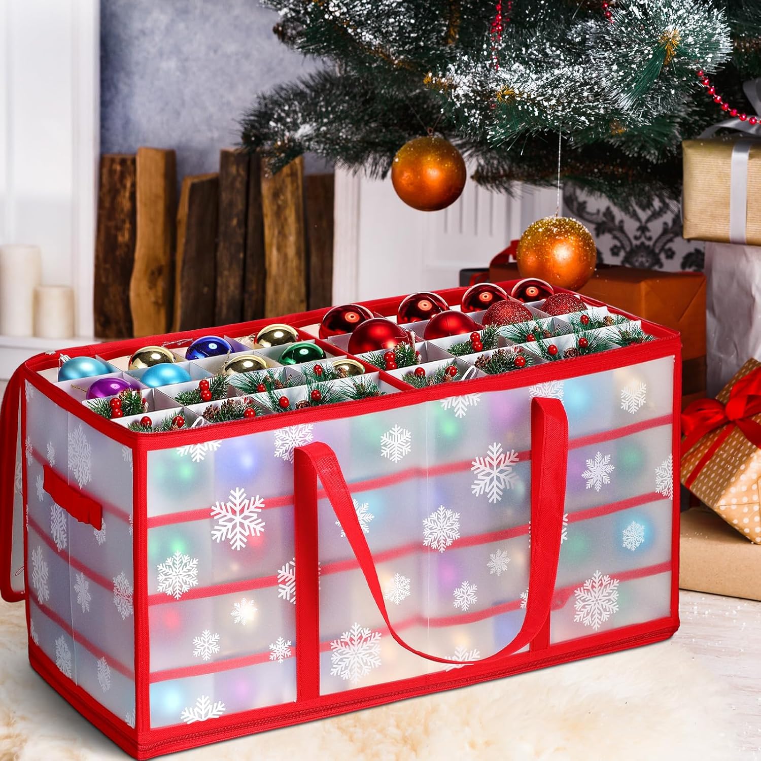 Hosuly 2 Pcs Plastic Christmas Ornaments Storage Box with Dividers, Zippers, 8 Trays,128 Slots, Christmas Storage Containers Xmas Ornaments Organizer for Holiday Balls Ornaments(Snowflake)