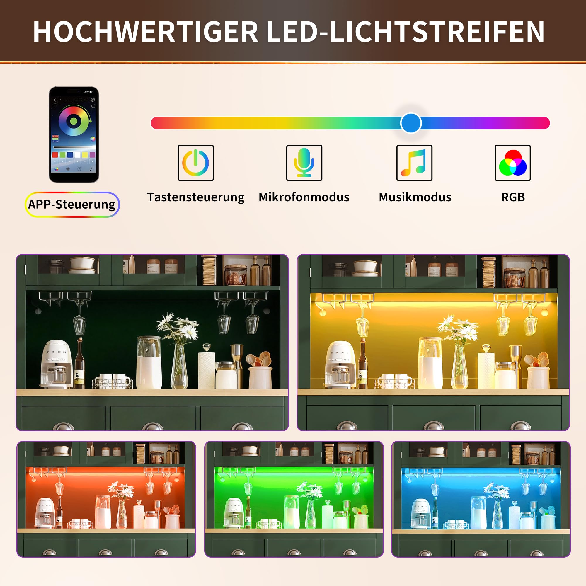 Armario alto para buffet, armario de cocina, aparador, estilo rústico, 4 puertas, con barra de luz LED y soporte para bebidas, para cocina, comedor, 104 × 40 × 180 cm (verde)