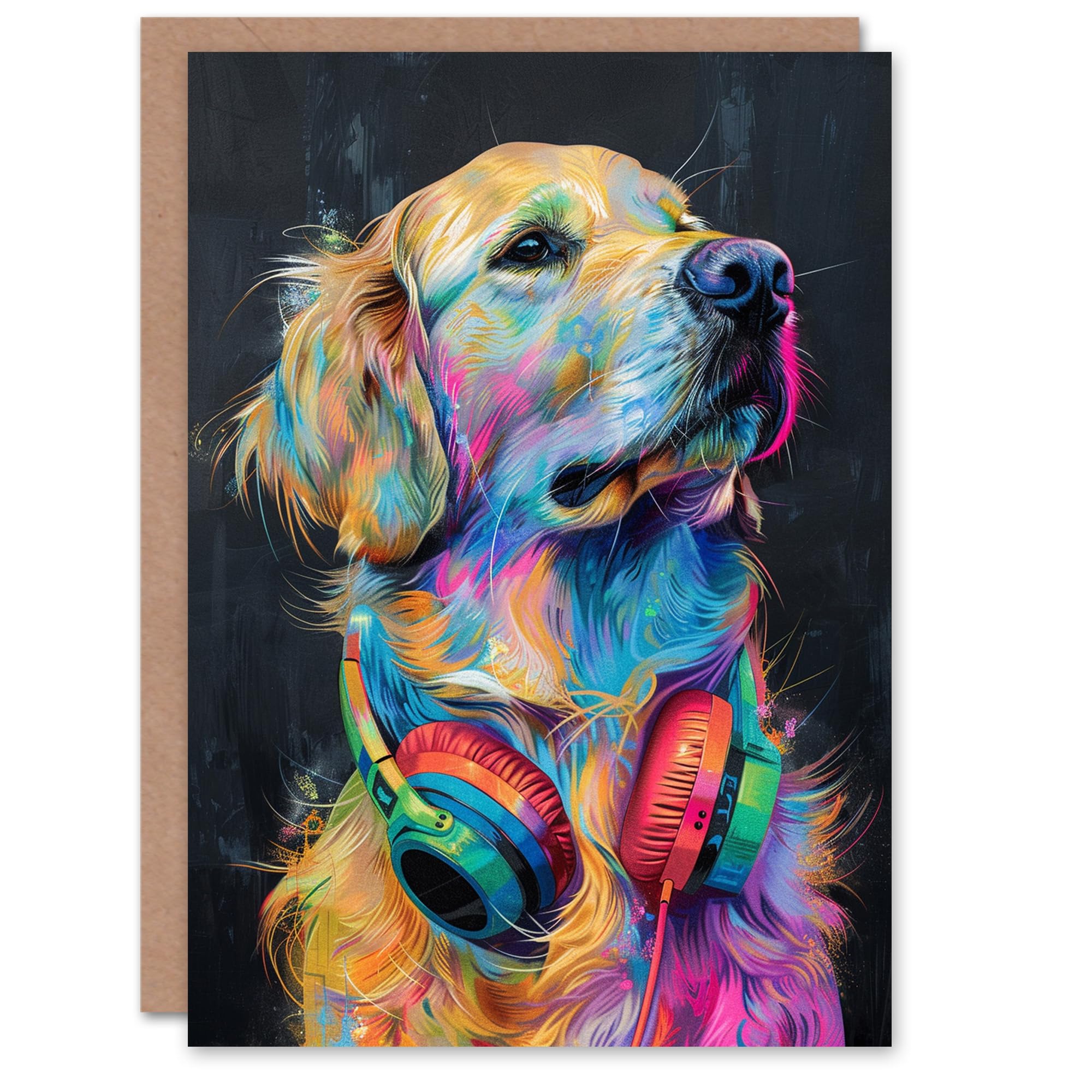 Artery8 Birthday Card Colourful Golden Retriever Headphones Dog Lover Blank Arty Art All Occasion Greeting Card