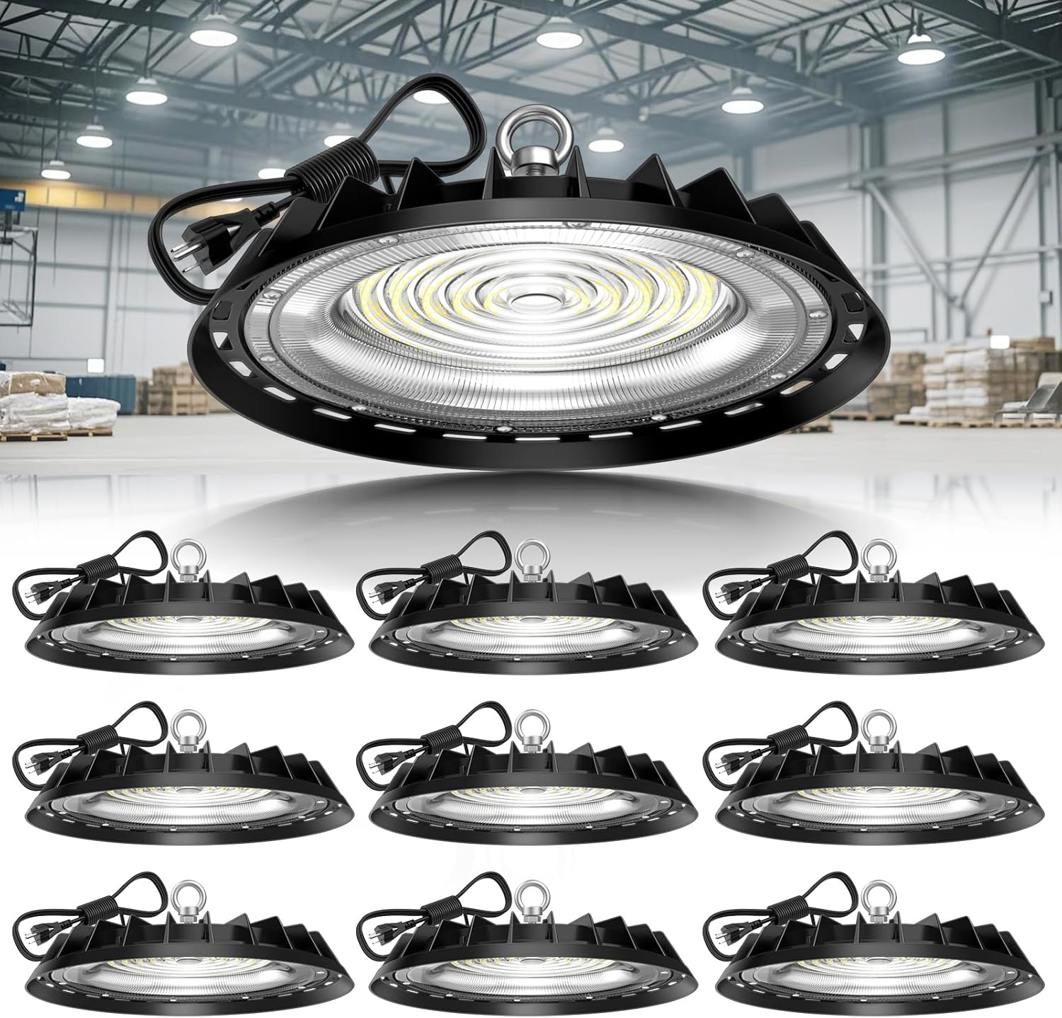 10 Pack UFO LED High Bay Light,Shop Lights for Warehouse Plug & Play 22500LM 150W 5000K Daylight,Power Cord Included,IP65 Waterproof Shatterproof Fixture,UL Listed