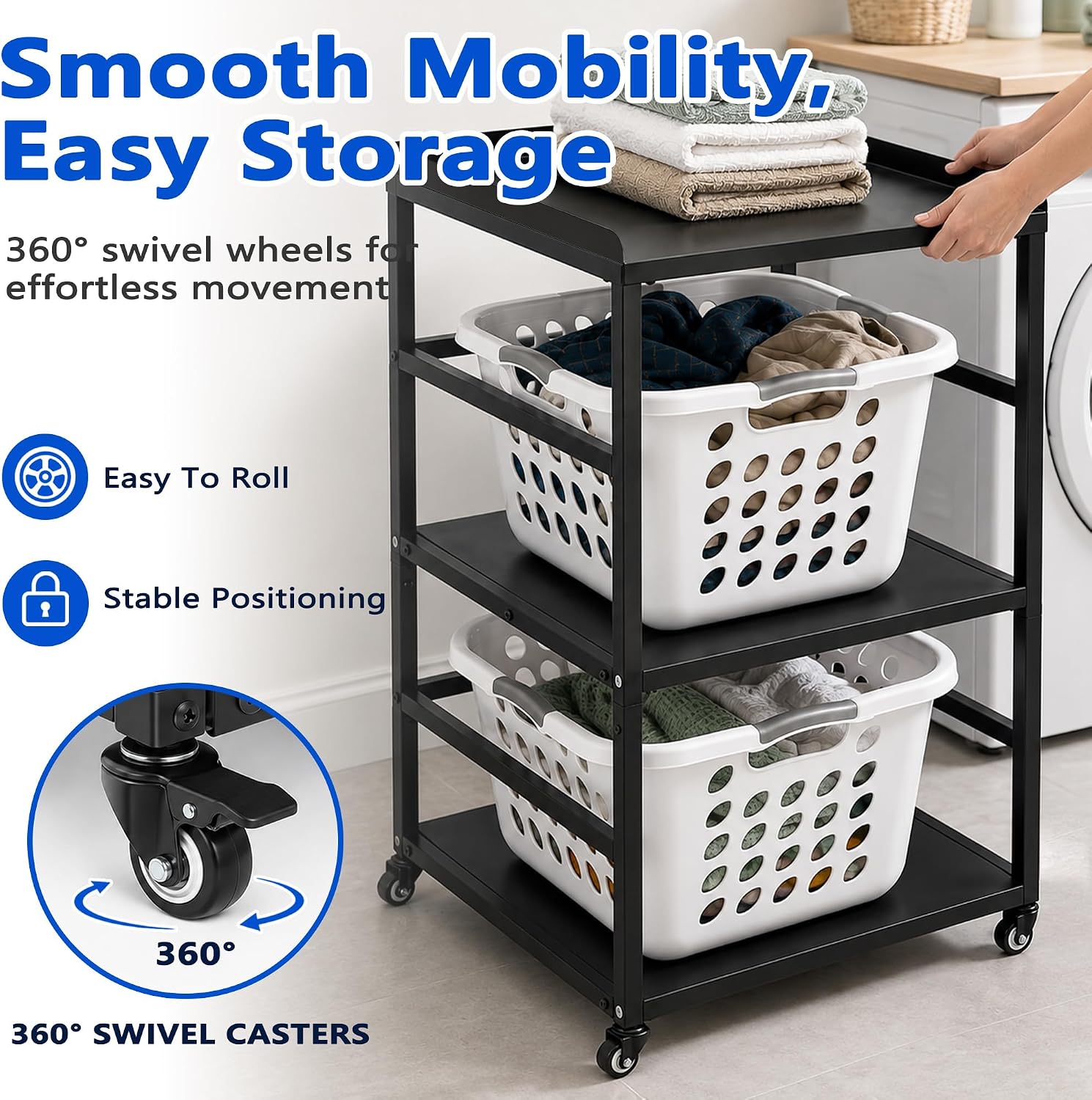 3-Tire Laundry Basket Holder Storage Shelf, Metal Stackable Laundry Sorter