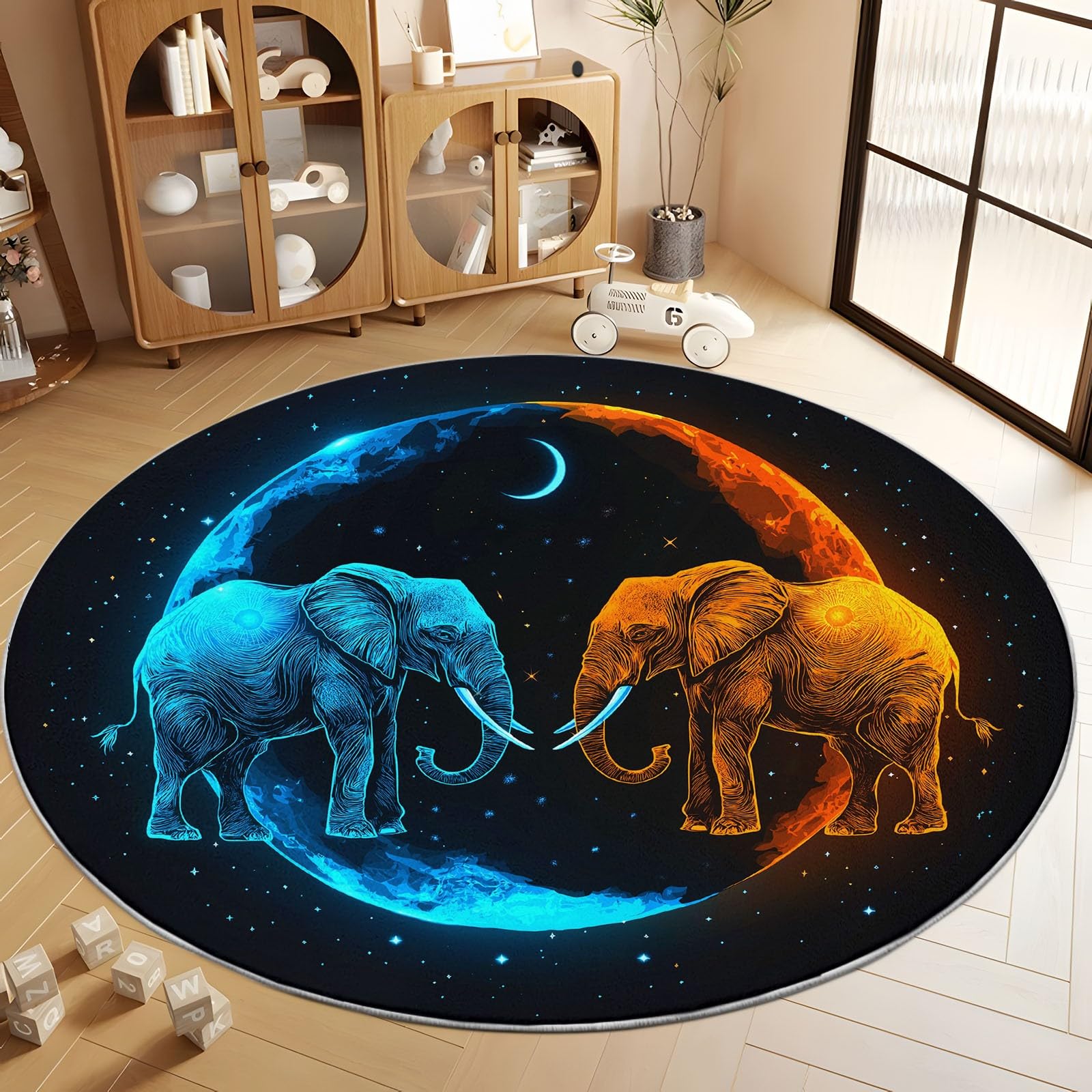 Générique Noir Antidérapant Tapis Rond 150 cm, Animaux Fantastiques Éléphant Lune Lavable en Machine Tapis Rond, Moquette de Salon et Chambre Doux et Confortable, Idéal pour Intérieurs décoration