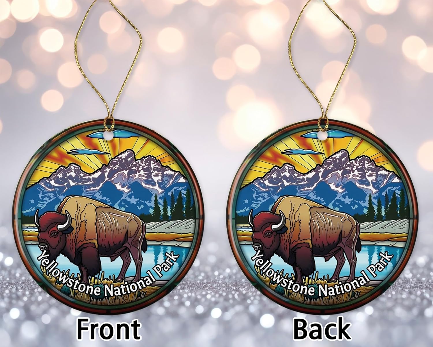 Yellowstone National Park Stained Glass Look Christmas Ornament - Keepsake, Travel Souvenir, Ceramic Gift Printed on Both Sides - Image 2
