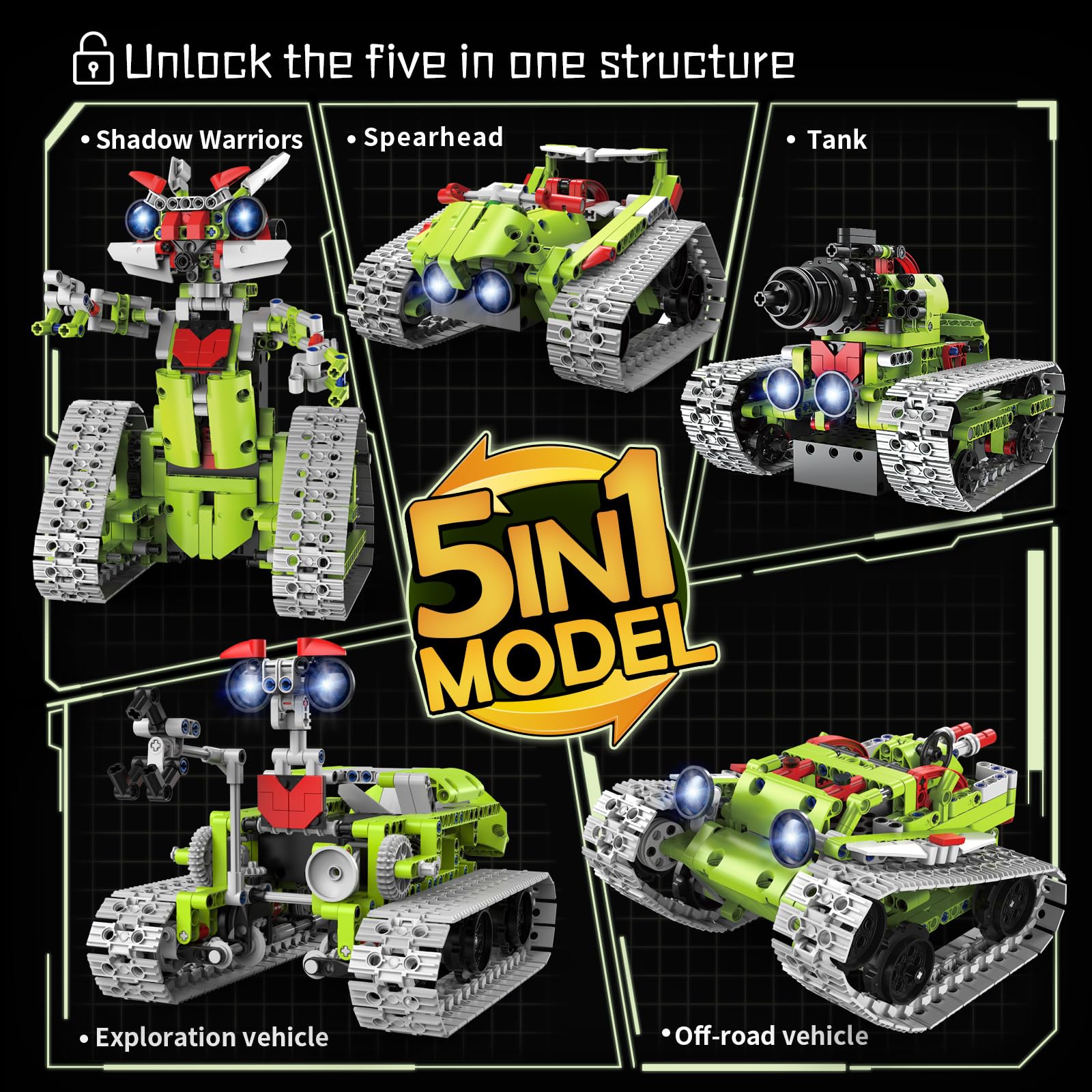 Kit di costruzione robot 5 in 1 per bambini, set di blocchi educativi STEM, robot da costruzione con telecomando e controllo tramite app/corridore tracciato/carro armato/bulldozer, giocattoli da