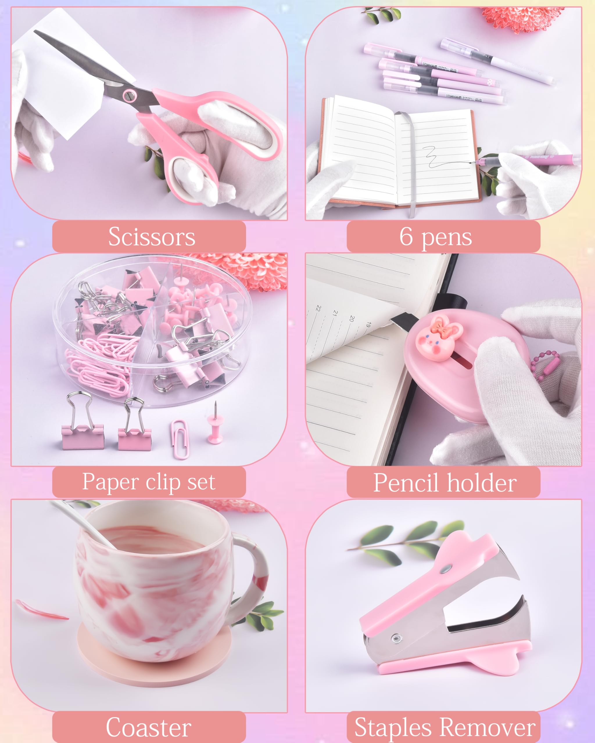 Pinkes Schreibtischzubehör, Federmäppchen, Hefter, Stift und eine Menge Bürobedarf, rosa Bürobedarf, wunderschön präsentiert in einer Geschenkbox