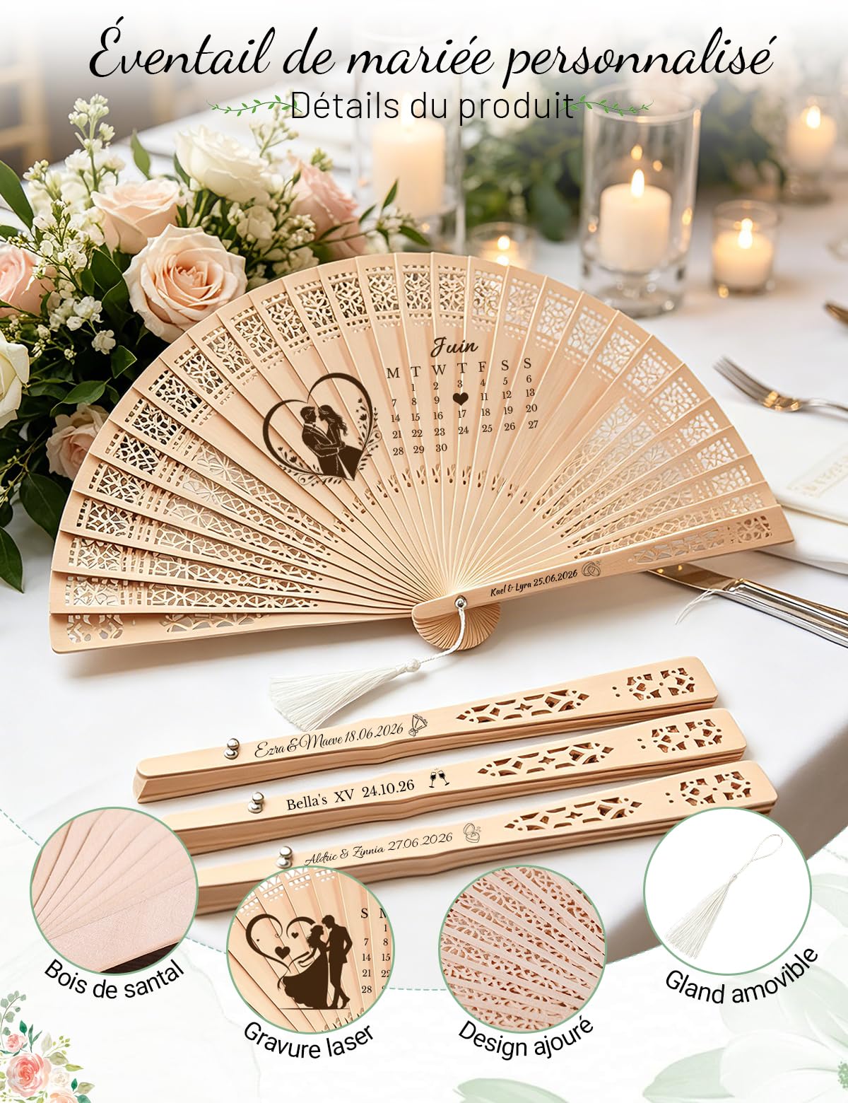 Hochzeitsfächer personalisiert, Holz Handfächer mit Gravur für Gäste | Lasergravierter Holzfächer mit Quaste und Organza Beutel, stilvolles Gastgeschenk für Hochzeit, Braut und Gäste