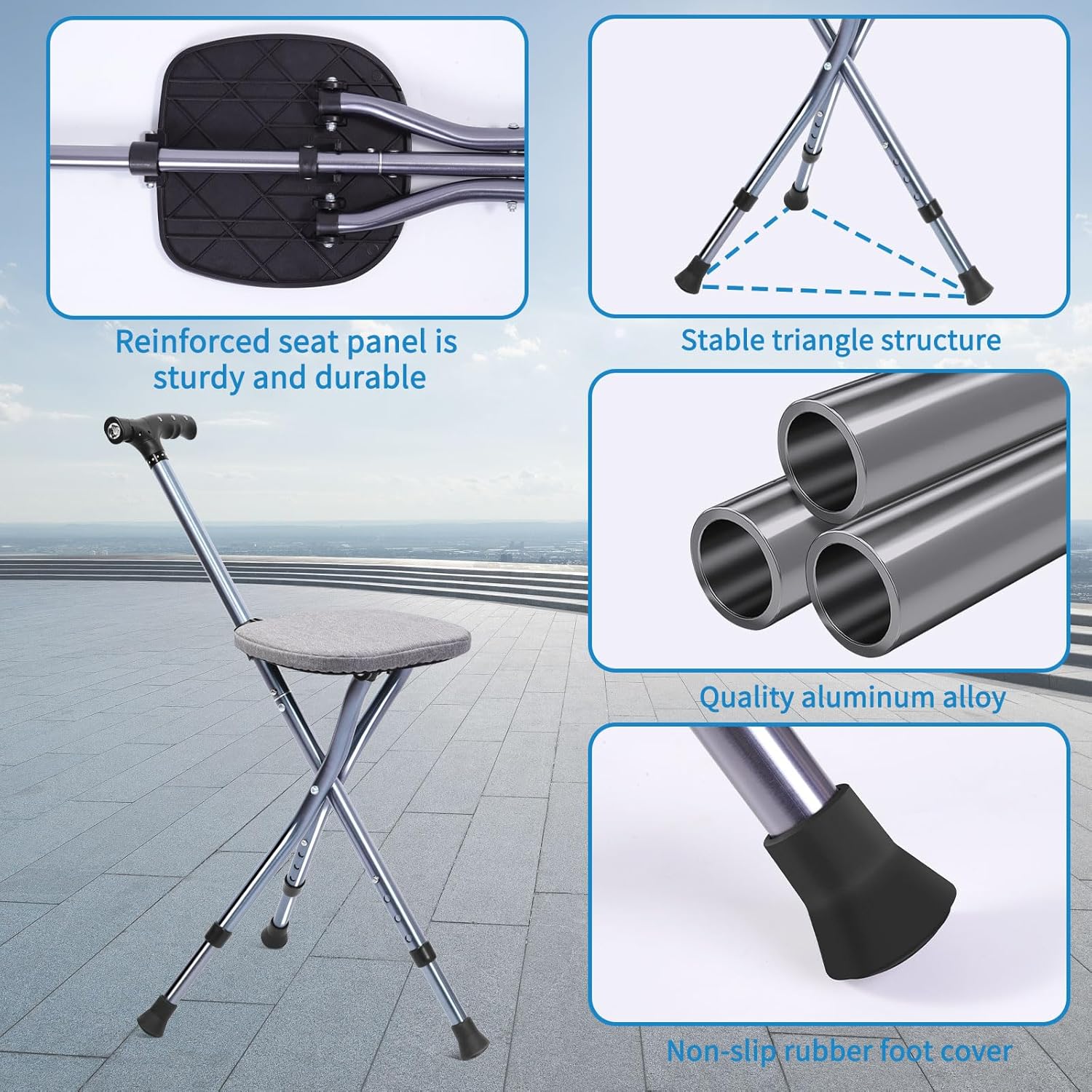 Folding Walking Cane with Seat, Walking Stick with Seat Lightweight for Seniors, Cane Chair with Magnetic Massage Handle & Seat Cover, Height Adjustment, Supports up to 330 Pounds
