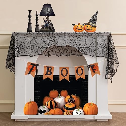 Miniatura 4 de Joyfol Day Mantel de encaje de Halloween, mantel de tela de araña, mantel de tela de encaje negro, mantel espeluznante, mesas rectangulares,