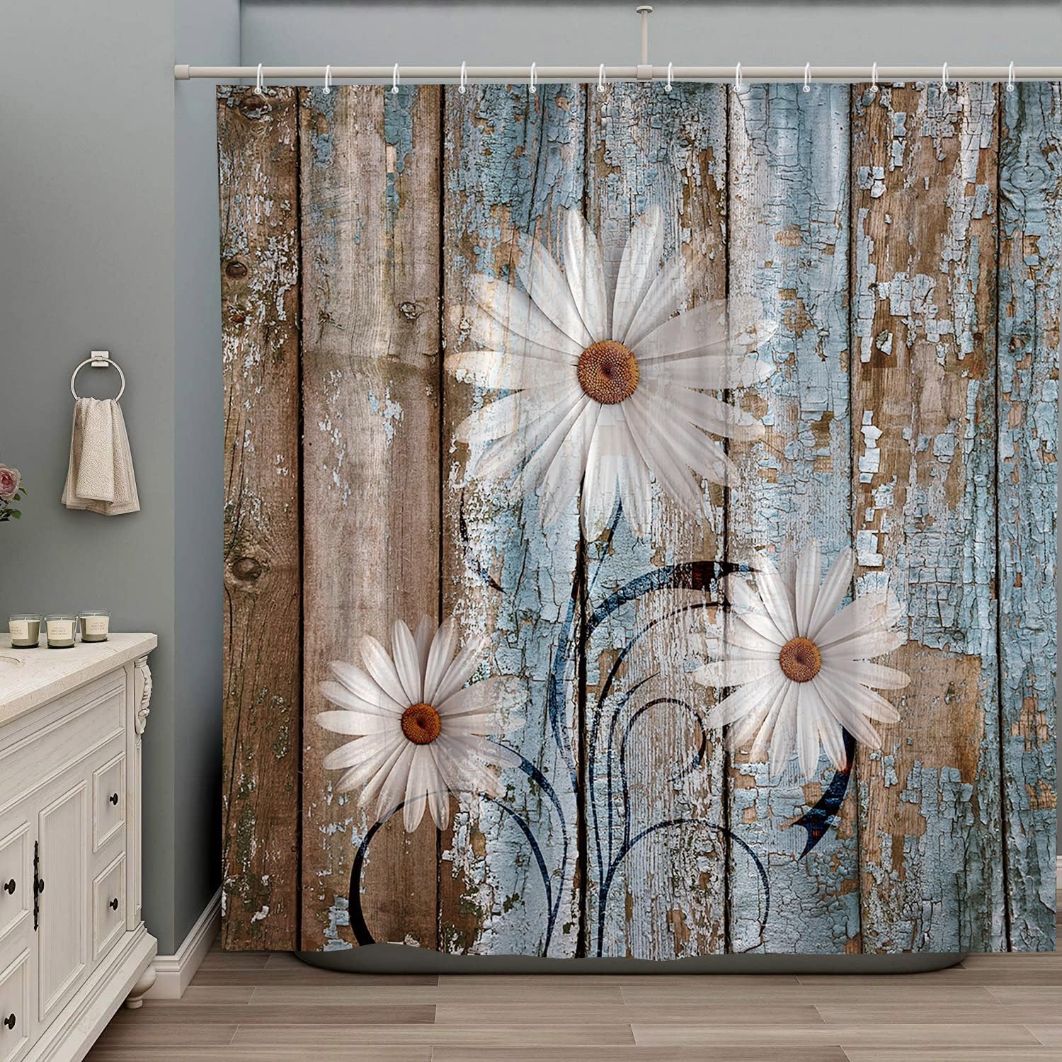 Rustic Floral Shower Curtain White Daisy Flower Blue Brown Vintage Barn Wooden Plank Country Farmhouse Bathroom Decor Set Polyester Fabric with Hooks 70Wx70H Inch